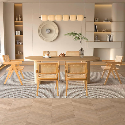 Cane Dining Room Chairs Set of 6, Modern Wood Kitchen Chairs with Arms, Light Malnut