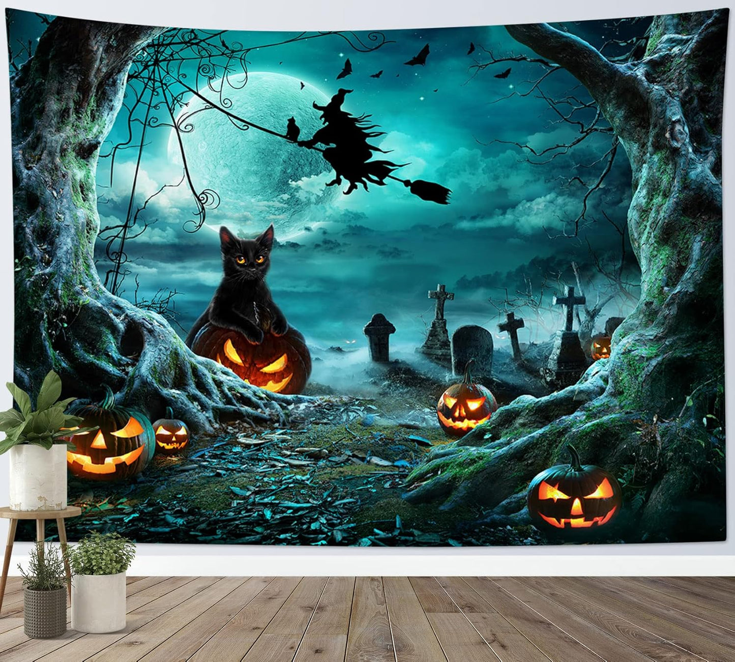 LB Halloween Tapestry Pumpkins Black Cat Dead Tree in Spooky Graveyard Full Moon Night with Witch Halloween Wall Hanging for Bedroom Living Room Dorm Decor 80x60 Inch
