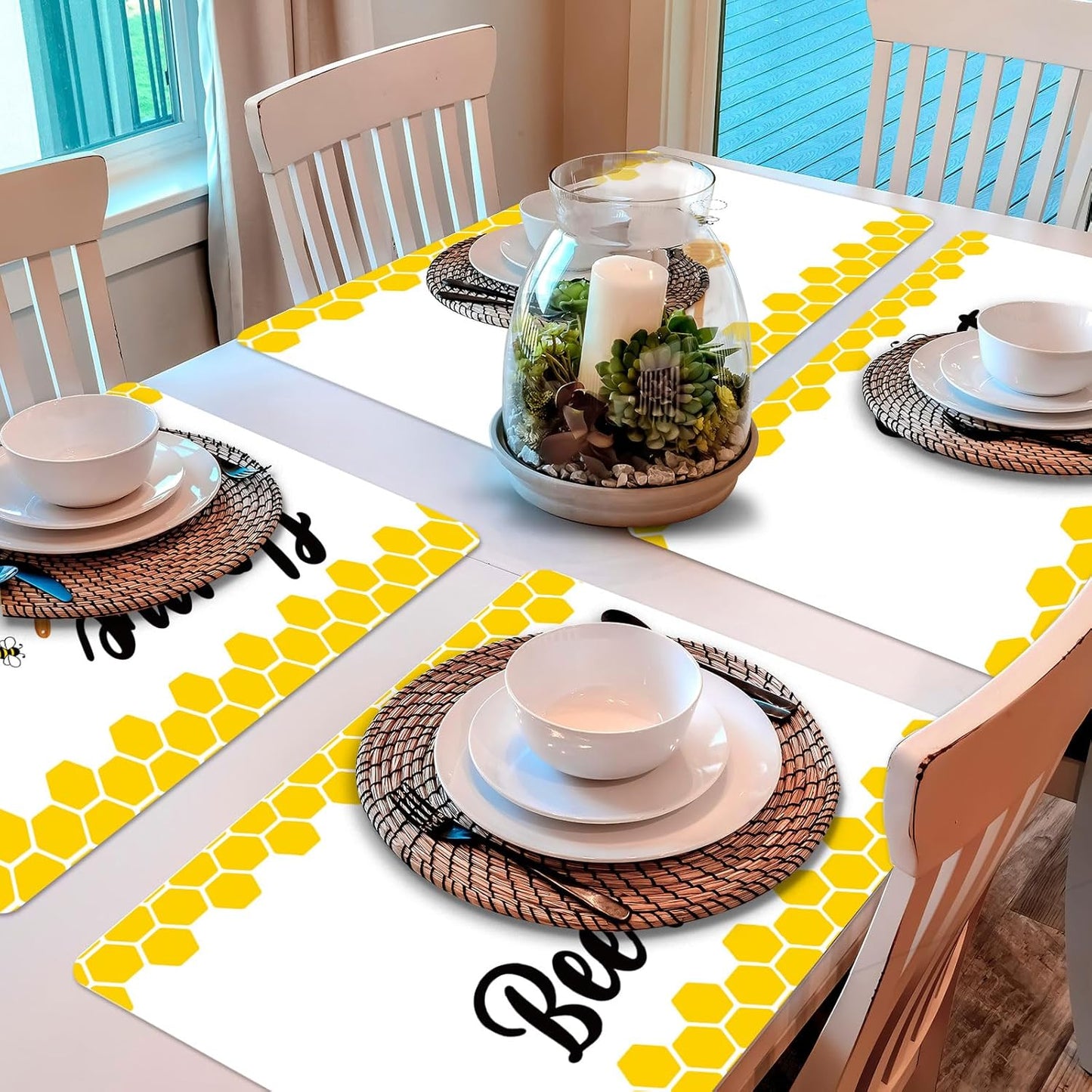 Honey Bee Placemats Set of 6 Summer Plastic Table Mats Yellow Bee Theme Placemats Washable Farmhouse Rustic Holiday Table Decoration for Indoor Outdoor Party Kitchen Dining