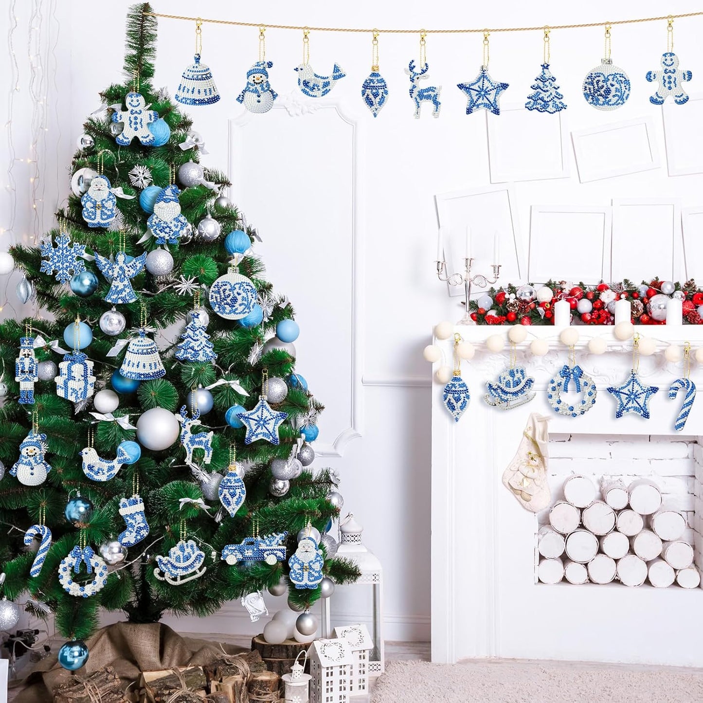 Tondiamo 20 Pcs Christmas Diamond Painting Keychain Kits 5D DIY Diamond Art Pendants Double Sided Hanging Key Chains for Christmas Party Decoration DIY(Blue and White Porcelain)