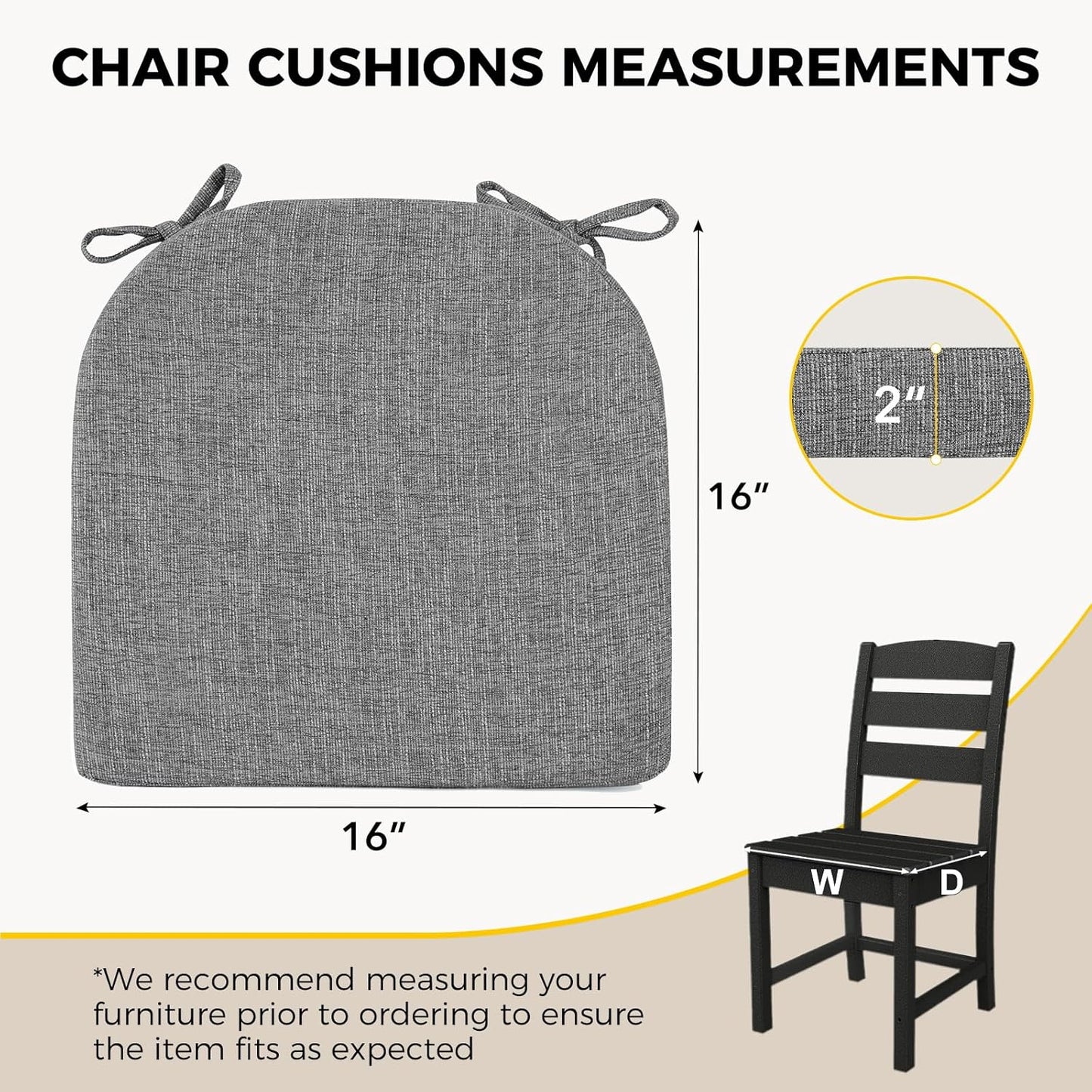 downluxe Indoor Chair Cushions for Dining Chairs, Soft and Comfortable Textured Foam Kitchen Chair Pads with Ties and Non-Slip Backing, 16" x 16" x 2", Dark Grey, 4 Pack