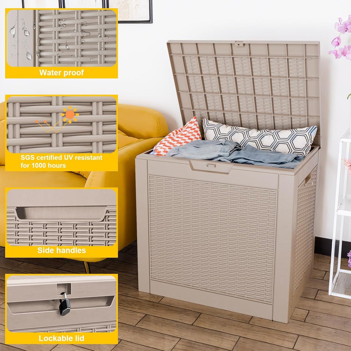 36 Gallon Outdoor Deck Box,Storage Lockable Waterproof Patio Furniture,Garden Tools,Cushions,Pool Accessories Outside Storage Resin Box(Grey Pattern)