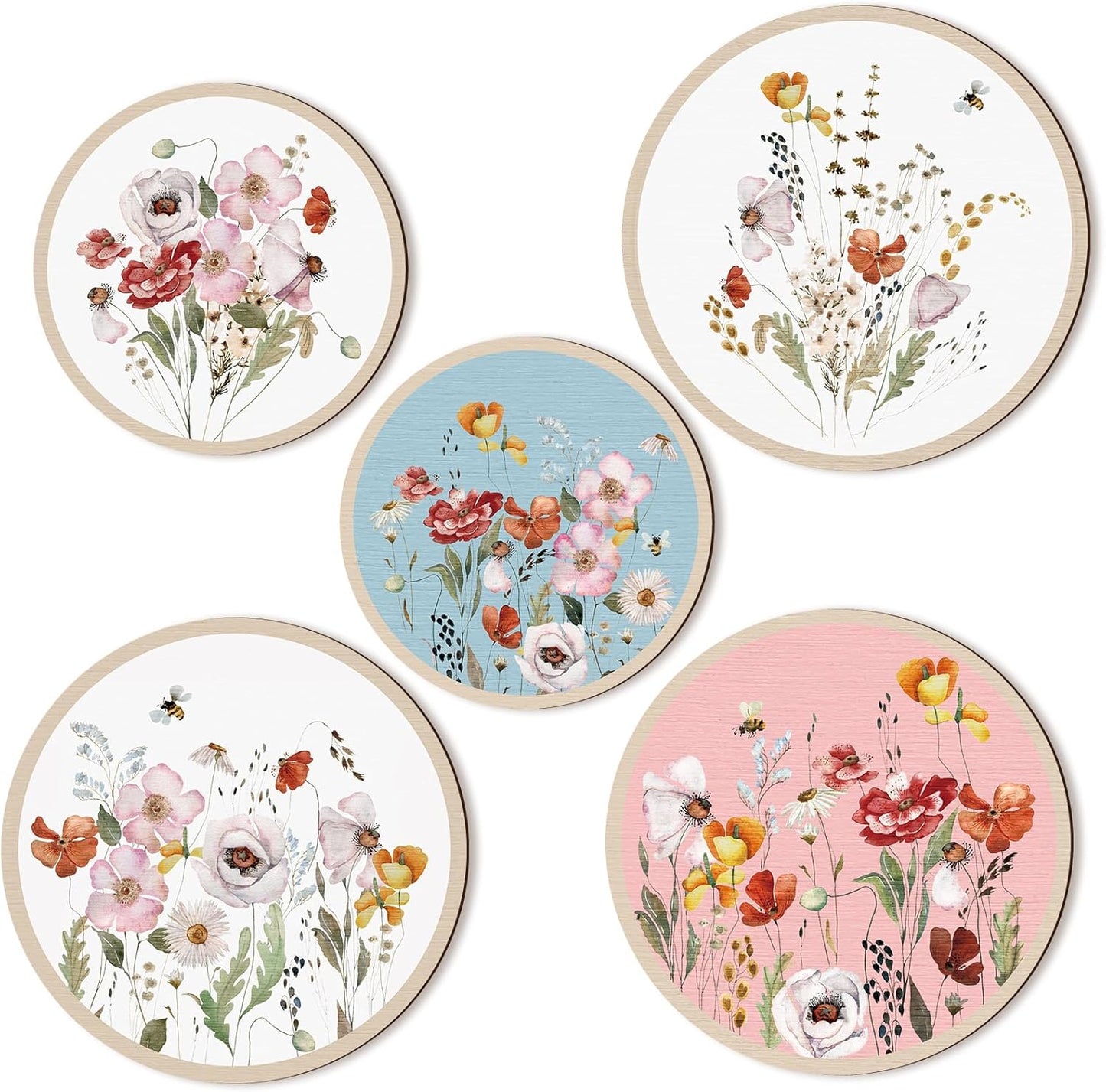 Qunclay 5 Pcs Wall Art Decor Wooden Living Room Wall Decor Bohemian Hanging Farmhouse Geometric 10'' and 8'' Aesthetic Wood Minimalist Posters for Bedroom(Wild Flower)