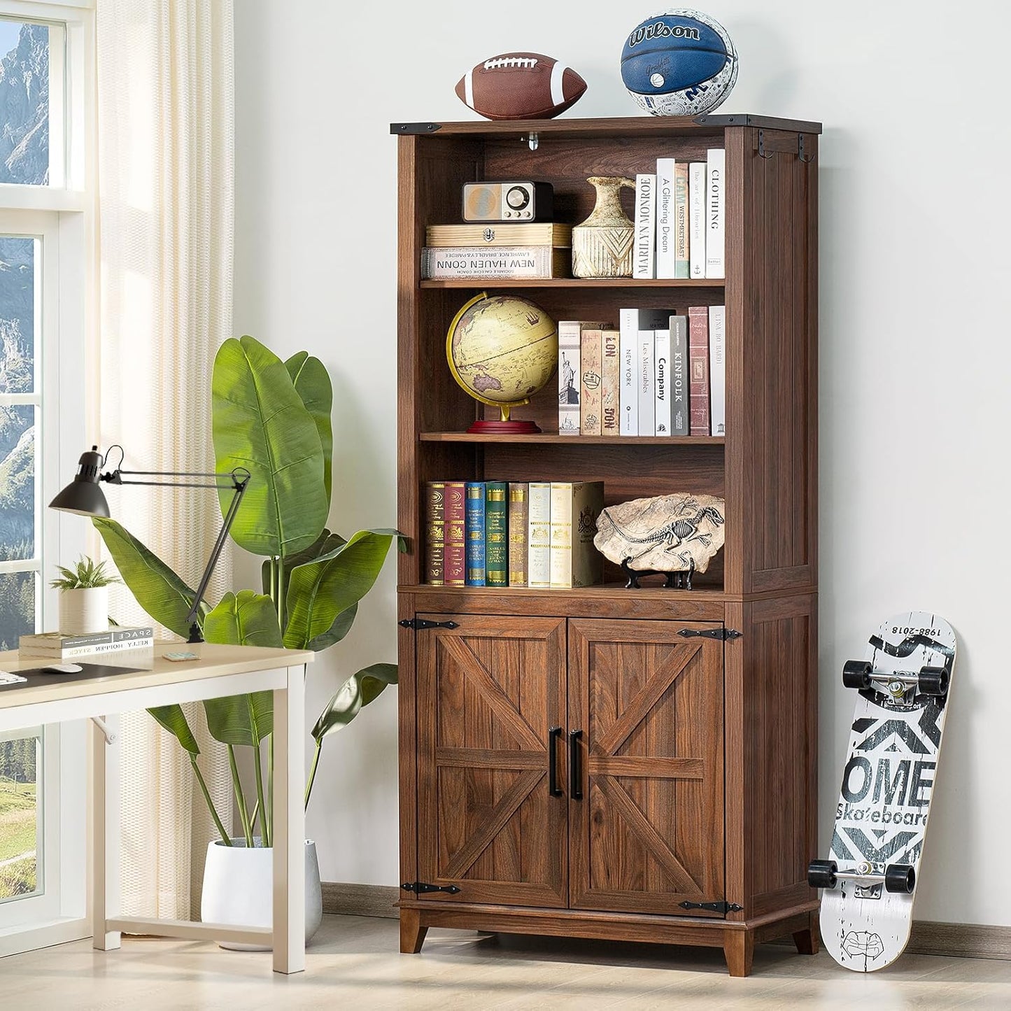 70in Tall Bookshelf 5 Tier Bookcase with Barn Doors and Adjustable Shelves, Brown Farmhouse Book Shelf with Storage Cabinet, Wood Freestanding Display Bookshelves for Bedroom, Living Room