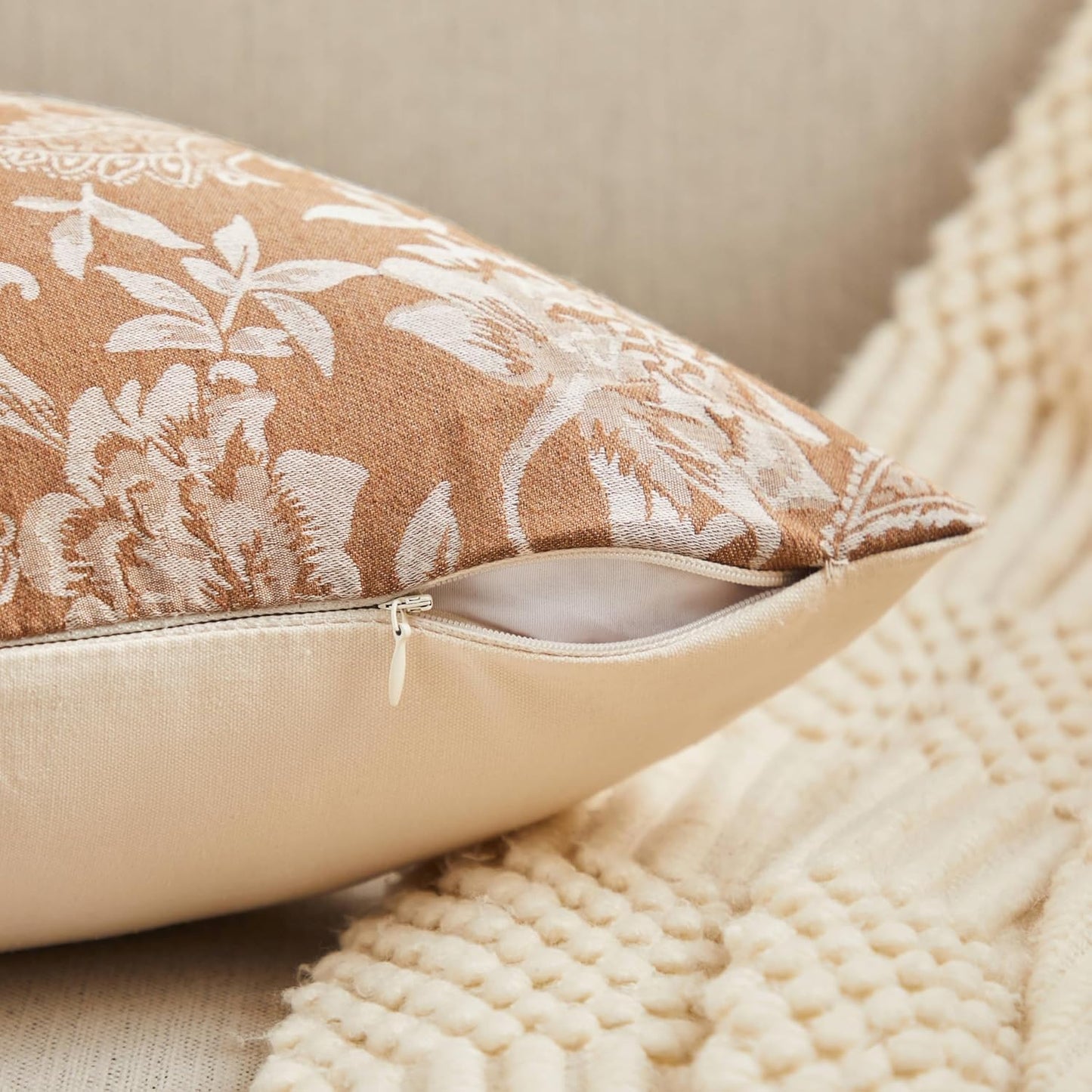 Floral Jacquard Throw Pillow Covers Set of 2, Background/Caramal 22x22 Inch, Farmhouse Decorative Cotton Caramal Cushion Covers for Sofa Bed Living Room Home Decor ﻿