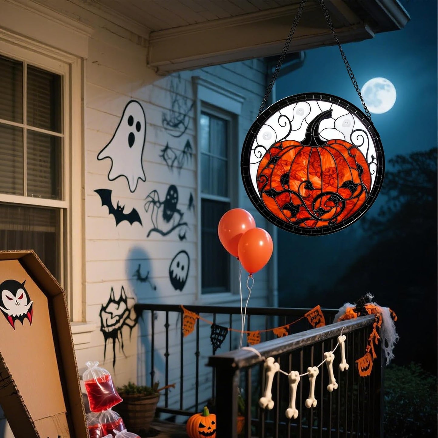 Stained Glass Window Hanging - Halloween Red White Scary Pumpkin Suncatcher for Doors Garden Home Spooky Rattan Sun Catchers Gothic Decor Horror Gifts for Women Men Friend Boy Girl 6.3 in