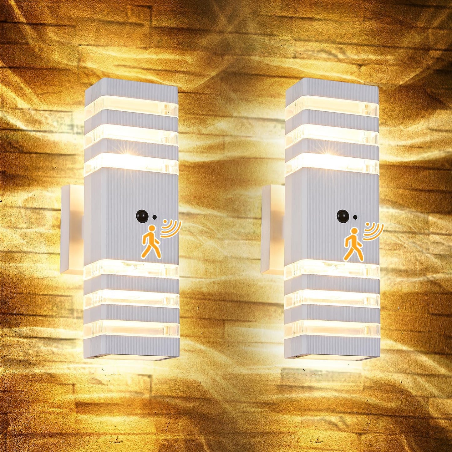 2 Pack Motion Sensor Outdoor Wall Lights with 4 Dimmable Bulbs, Modern White Dusk to Dawn Porch Sconces Waterproof Up Down Exterior Lighting Fixtures, Outside Coach Lamp for House Garage Front Door