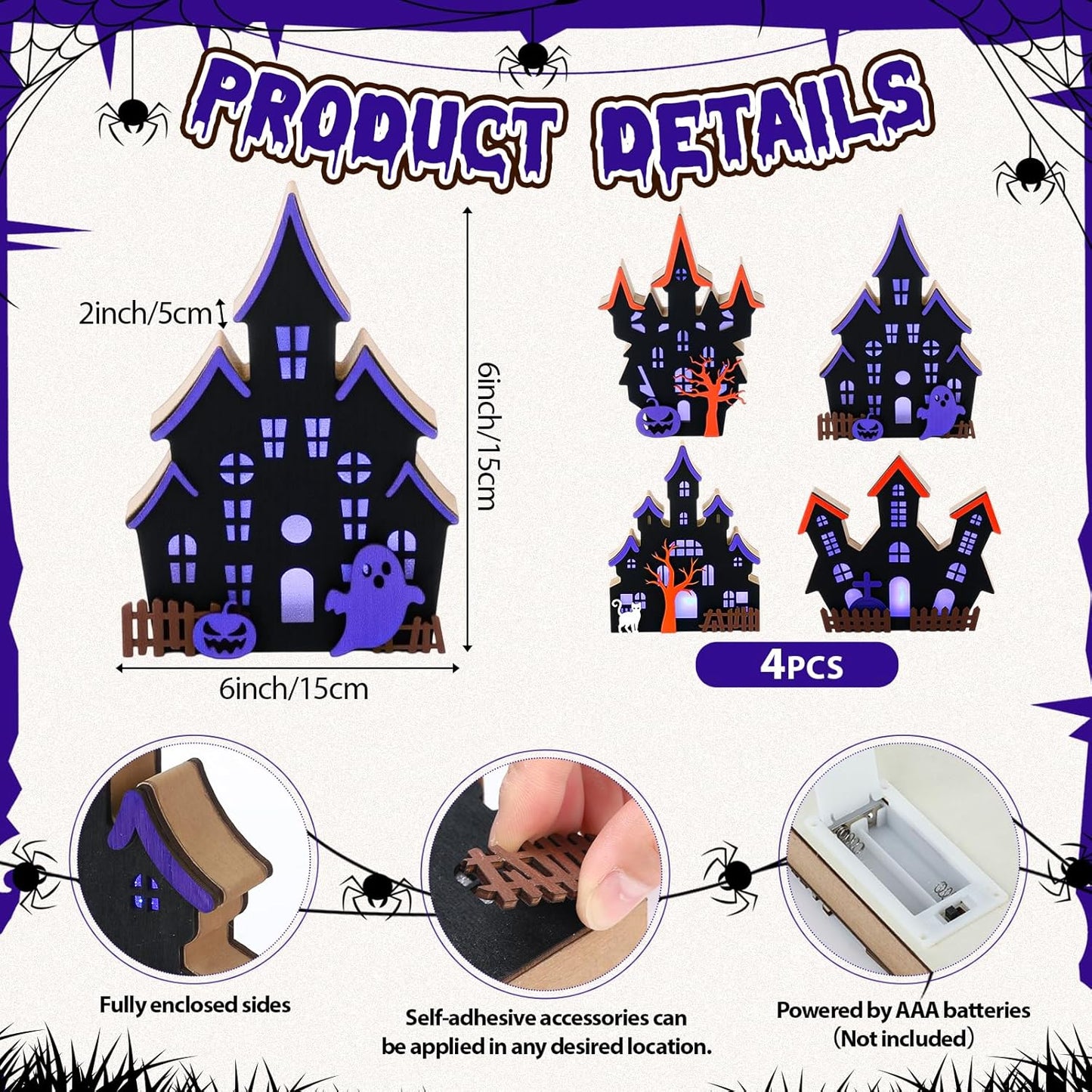 Bucherry 4 Pack Halloween Table Haunted House Decor Lighted Wooden Village Ghost House 3D Tabletop Decorations for Halloween Indoor Home Kitchen Desk Gift(New Style)