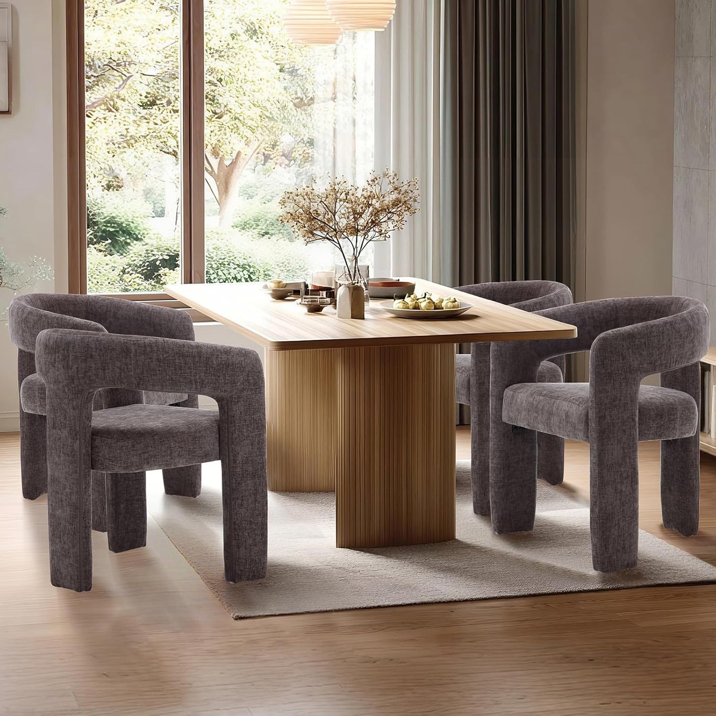 Charcoal Grey Chenille Dining Chairs Set of 4, Modern Barrel Dining Room Chairs Upholstered Accent Chair with Arms and Round Back for Living Room Kitchen Armchair No Assembly Needed