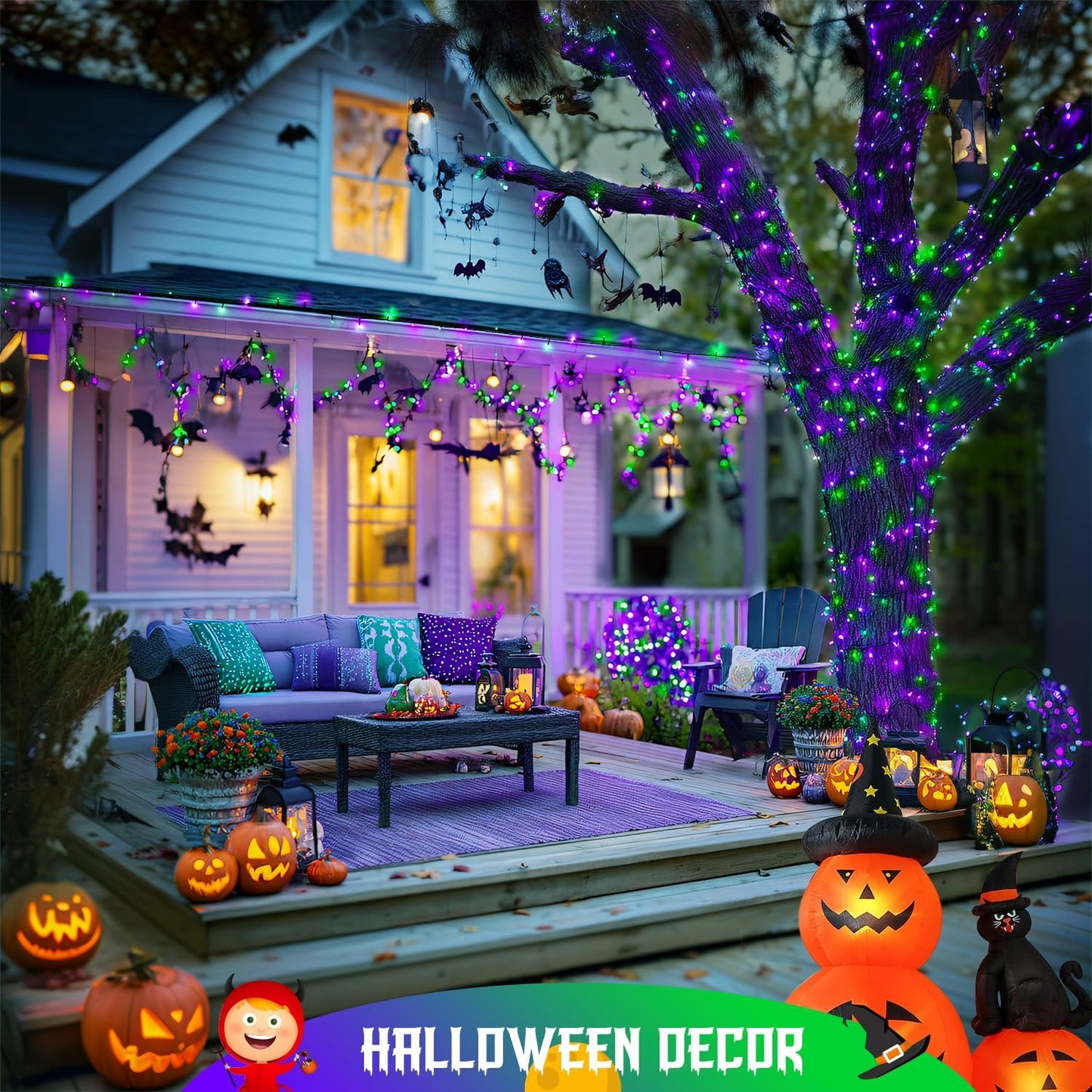 JMEXSUSS 2 Pack Purple and Green Halloween Lights, Total 400 LED 151FT Solar Halloween Lights Outdoor Waterproof, 8 Modes Solar Christmas String Light for Outside Tree Patio Decorations