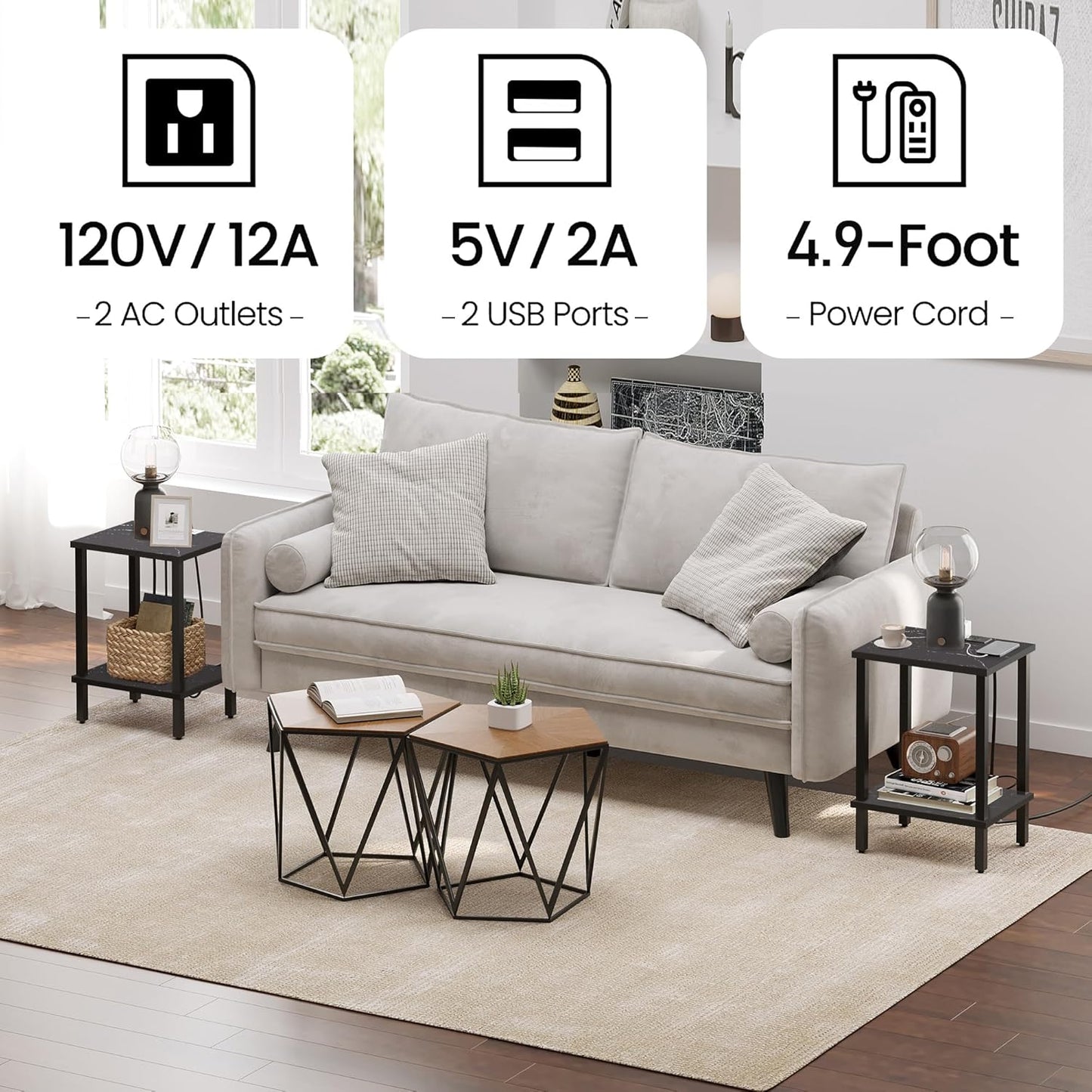 TUTOTAK End Table with Charging Station, Set of 2, Small Side Table, Nightstand Bedside Table, 2-Tier Storage Shelf for Small Space, Living Room, Bedroom Marble Black TB01BMK041