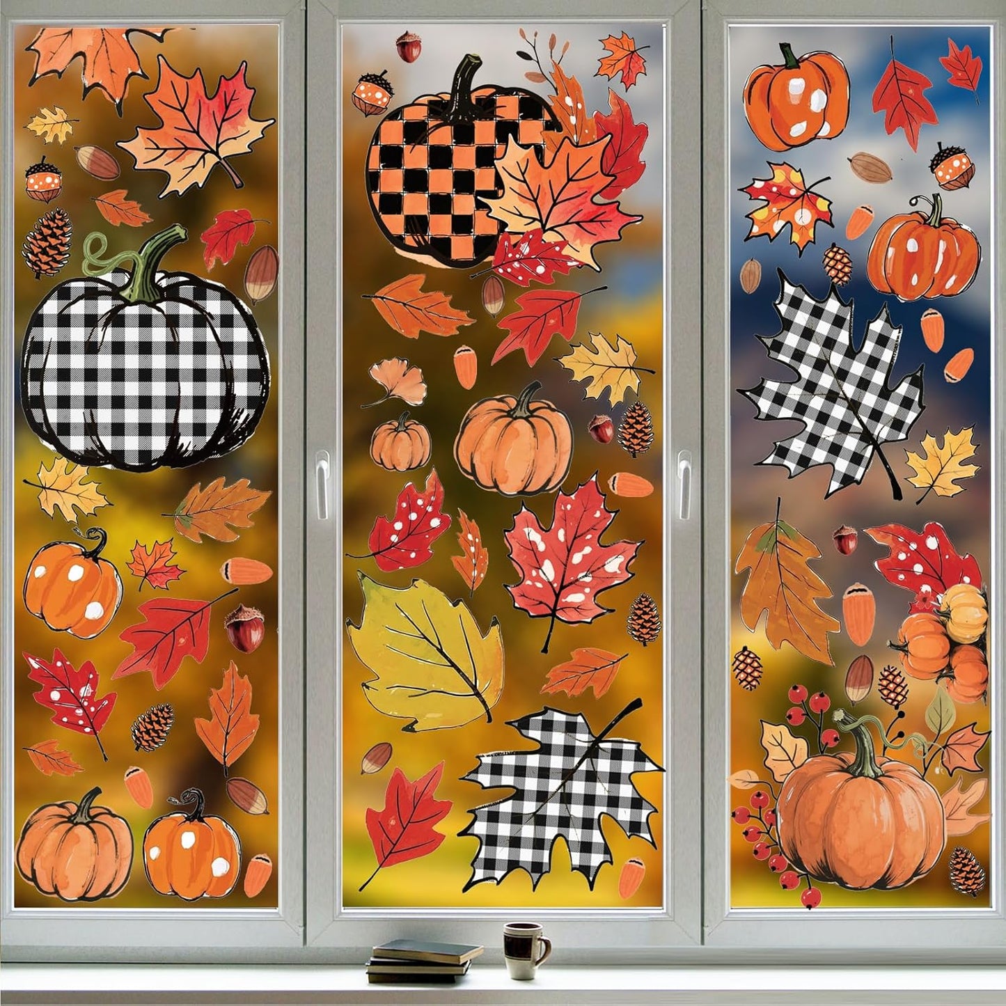 8 Sheets Fall Decorations, 178 Pcs Fall Window Clings, Double Sided Autumn Stickers with Maple Leaves Pumpkin Nuts Pine Cones for Party Thanksgiving Decor Indoor Outdoor Accessories