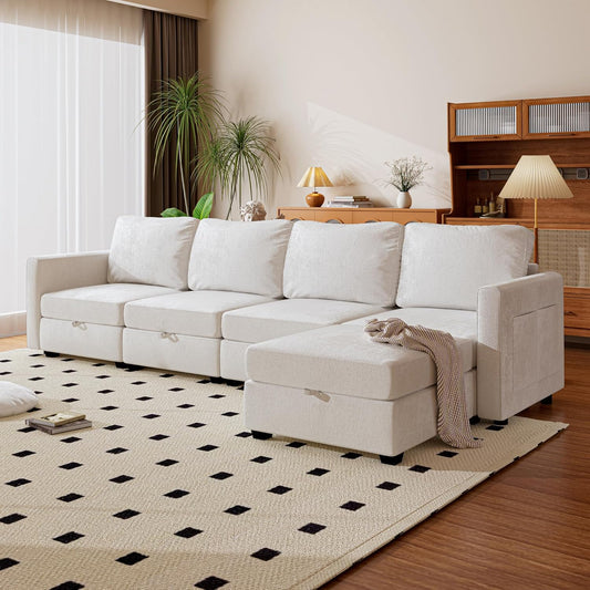 mestyl Modular Sectional Sofa Convertible L Shaped Sofa Couch Set with Storage for Living Room, Modern 4 Seater Modular Sectional Couch with Movable Ottoman (Beige)