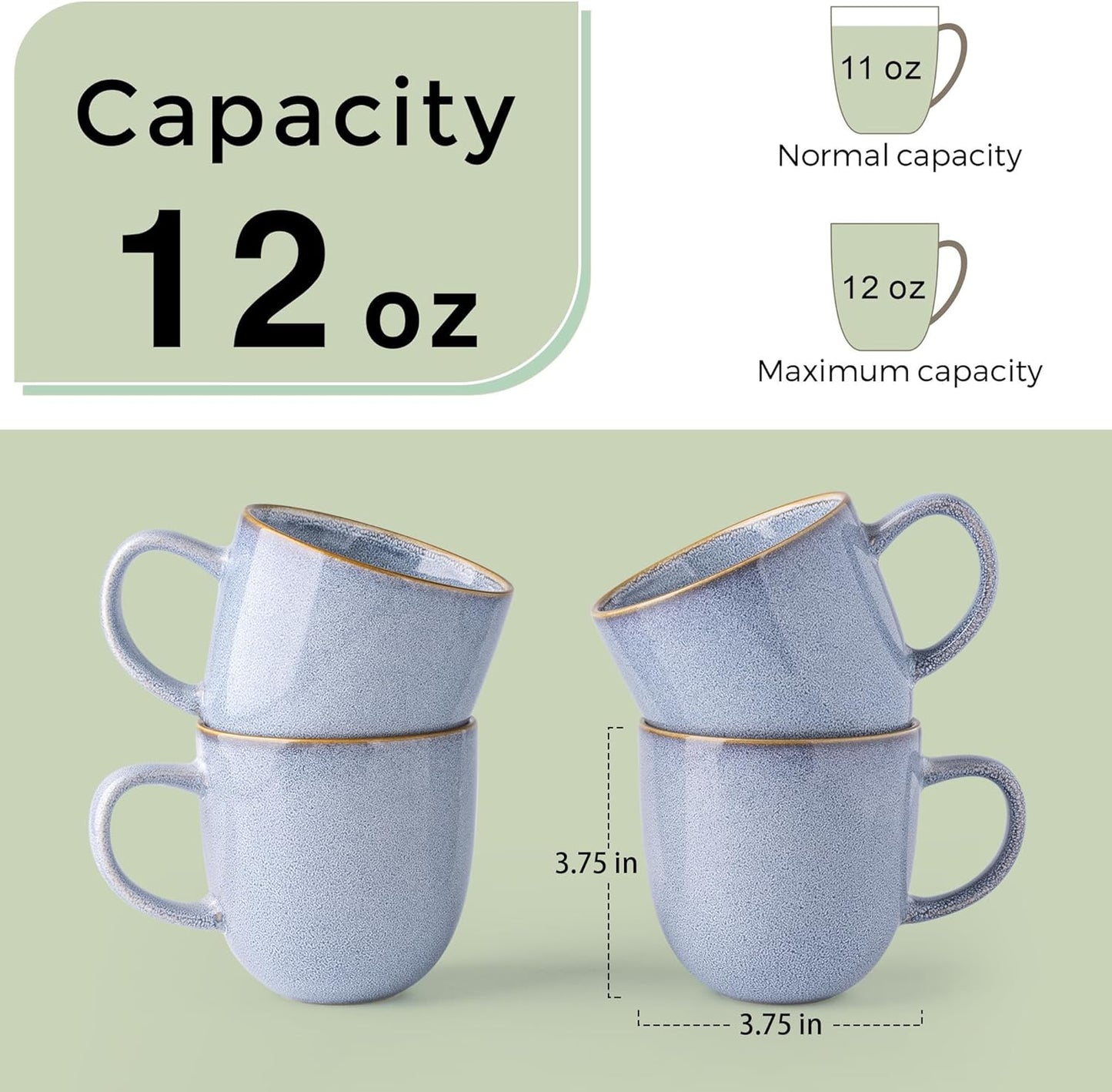 AmorArc 12oz Coffee Mugs, Ceramic Coffee Mugs set of 4 for Man, Woman, Dad, Mom, Modern Coffee Mugs with handle for Latte/Cappuccino/Milk/Cocoa. Dishwasher&Microwave Safe, Blue-Reactive Glaze