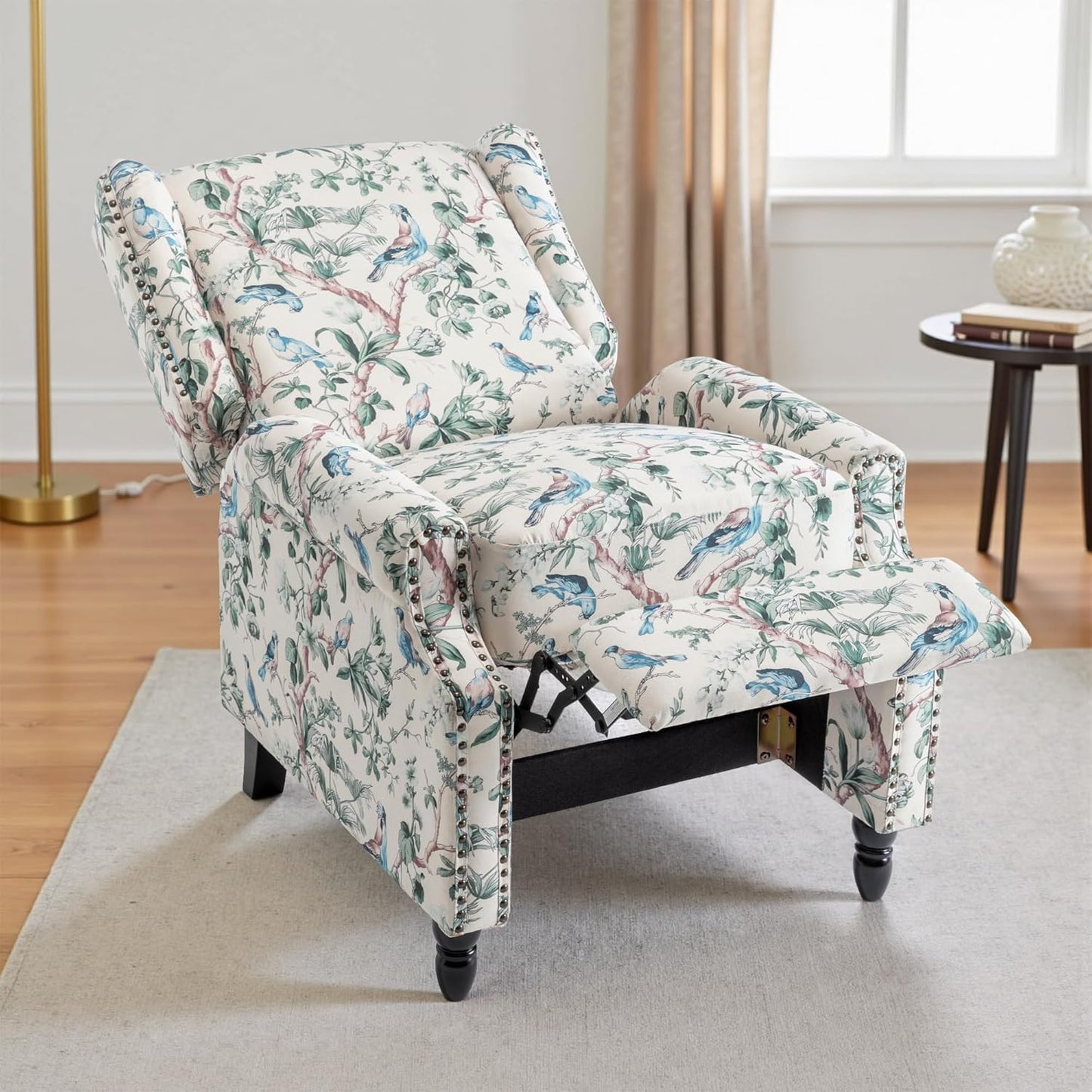 UIXE Floral Pushback Recliner Chair, Fabric Upholstered Armchair Push Back Accent Chair for Living Room, Rivet Trim Club Chair Home Theater Single Sofa Reading Seat - Bird