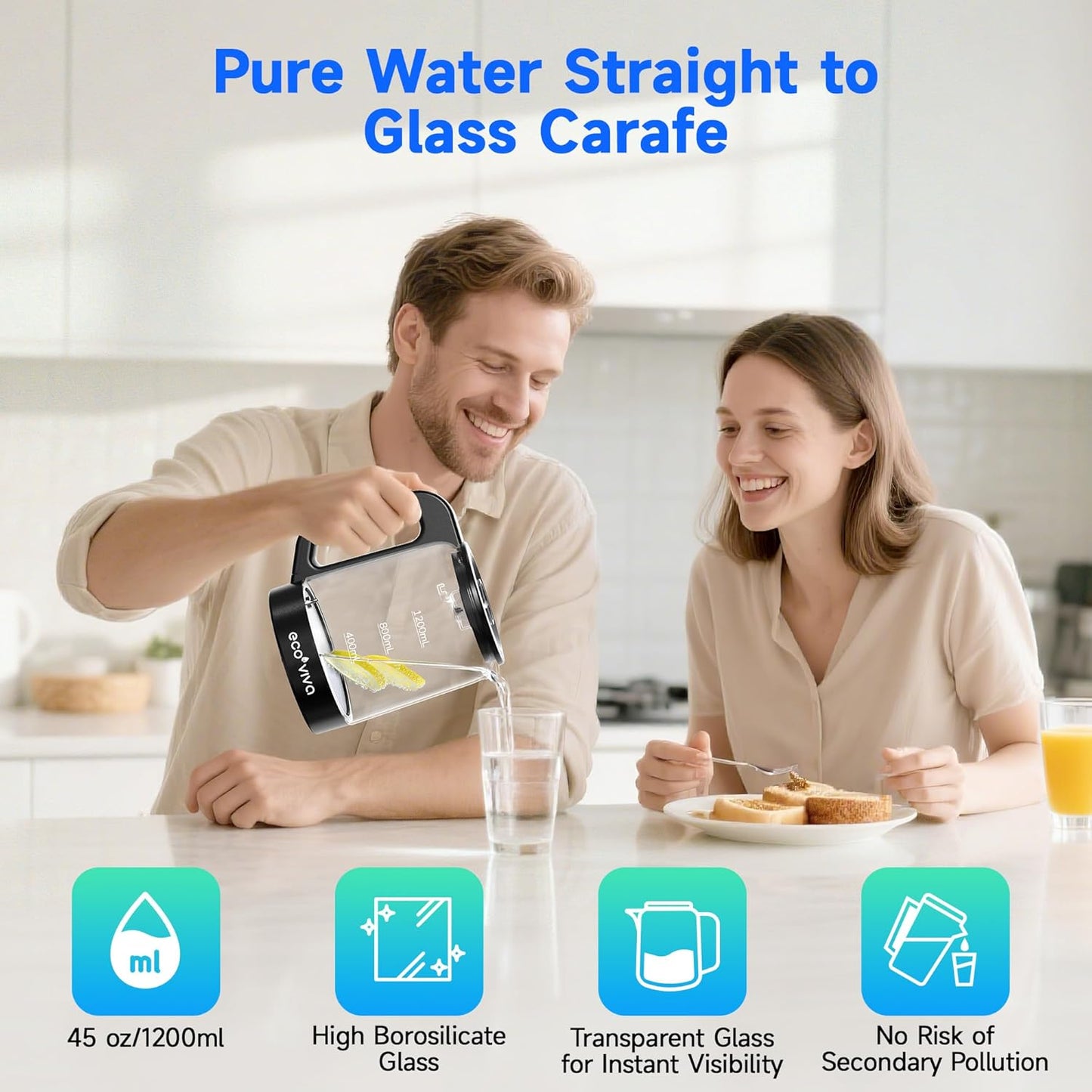 Ecoviva Countertop Reverse Osmosis Water Filter, 6 Stage RO Water Filtration System with Glass Carafe, TDS Displayr, 3:1 Pure to Drain, Portable No Installation Water Purifier Black