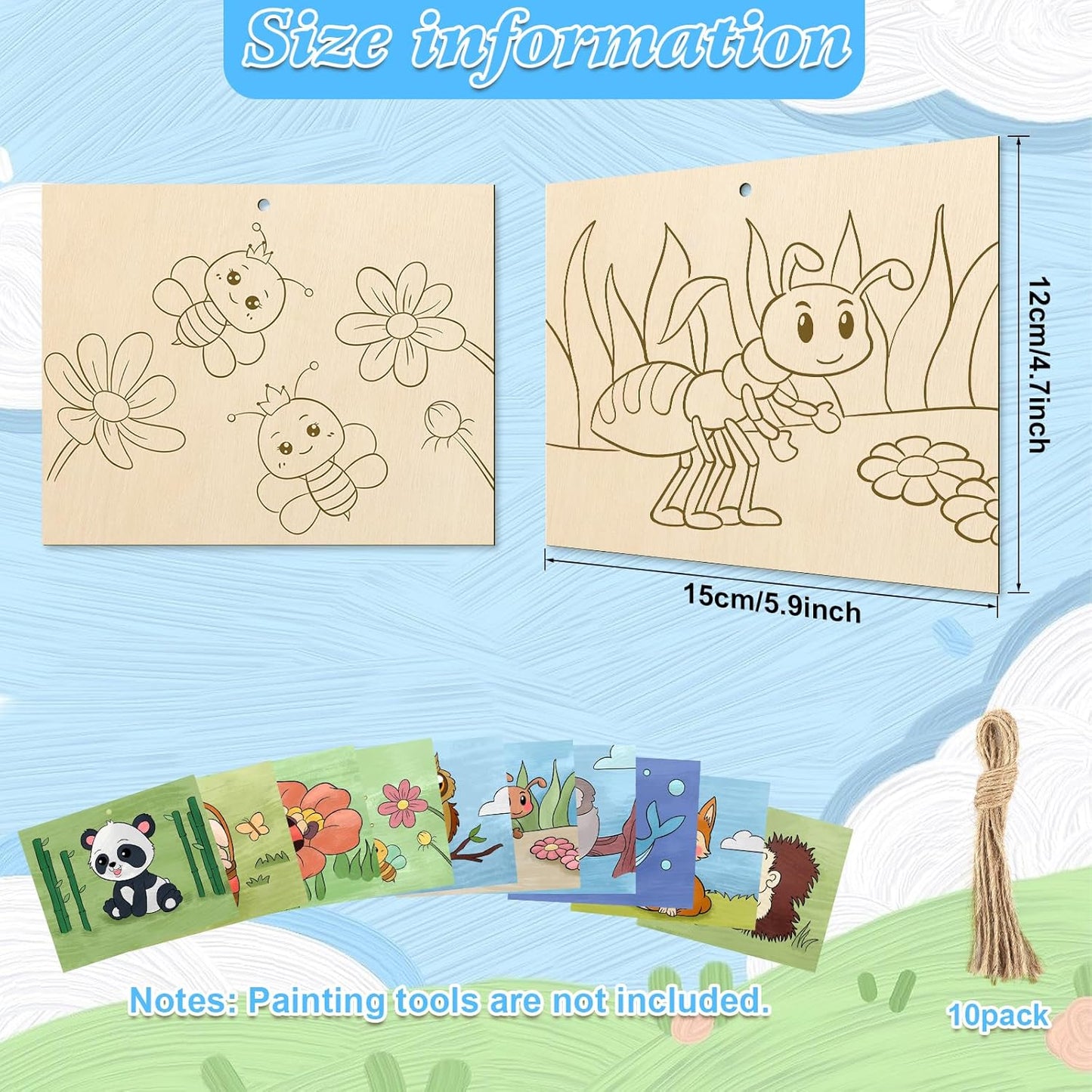 COCHIE 10 Pieces Large Cute Animals Unfinished Wood Crafts to Paint for Kids Adults, Bulk Predrilled Wooden Ornaments for Painting, Animal Paintable Wood Slices Craft Supplies with Ropes