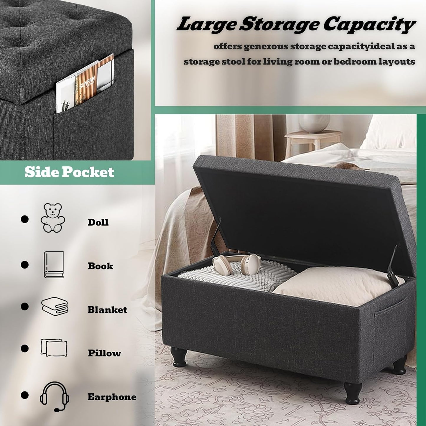 Ottoman with Storage 32'' Ottoman Storage Bench Linen Fabric Ottomans Footstools Upholstered Foot Rest Stool for Couch, Living Room, Bedroom, Entrance Shoe Bench Dark Gray