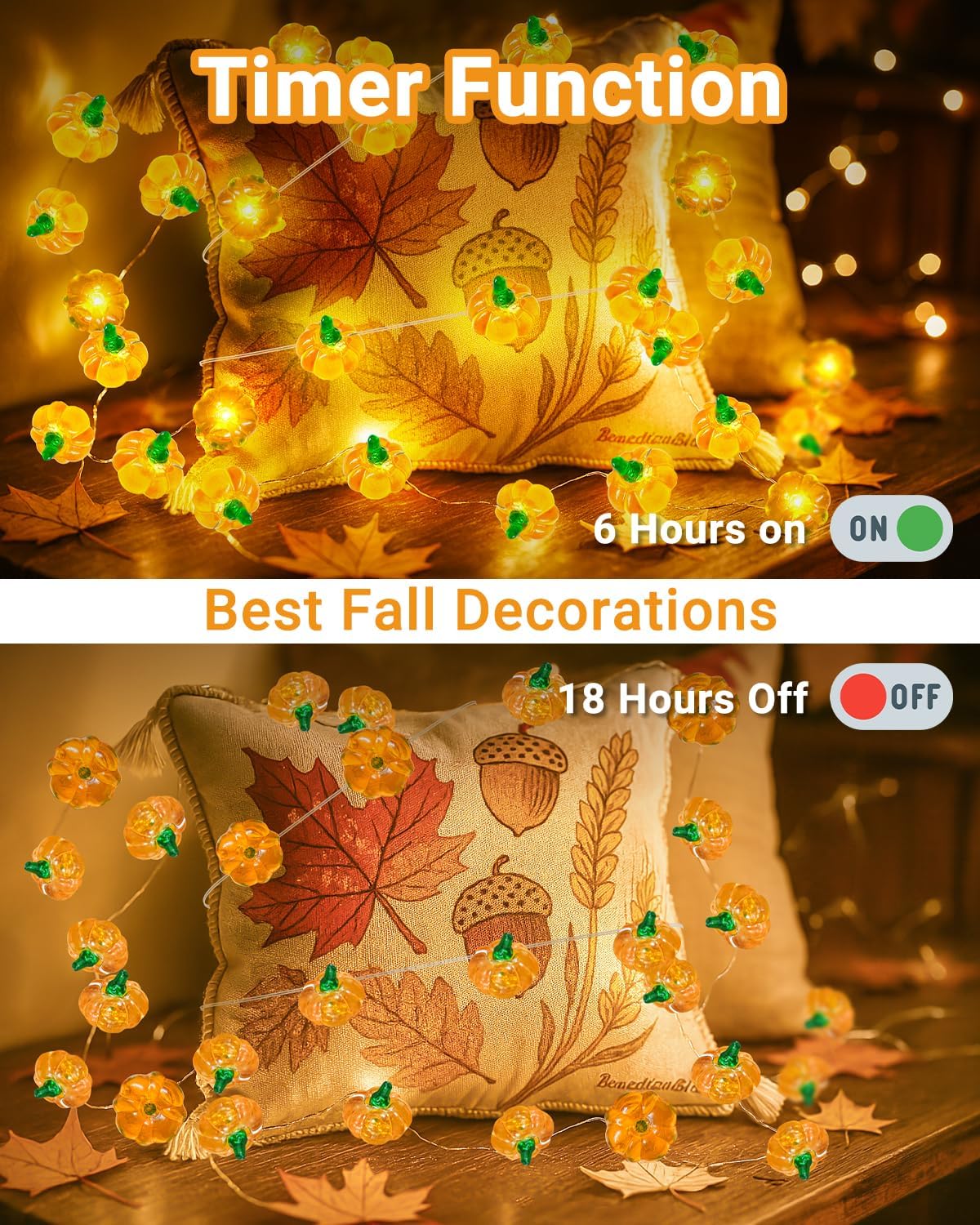 btfarm Fall Decorations 50 LED 16.4 FT Thanksgiving 3D Pumpkin Fairy String Lights Battery Operated with Remote Timer, 8 Modes Waterproof Fall Decor for Home Autumn Harvest Halloween Party