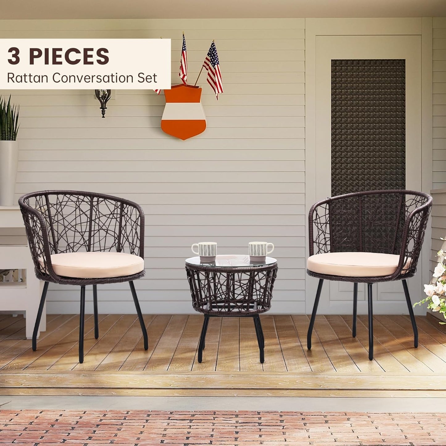 Kromax 3 Piece Bistro Set, Modern Outdoor Wicker Patio Furniture with Tempered Glass Table Top and 2 Chairs, Washable Cushions, Brown Rattan and Begie Cushion