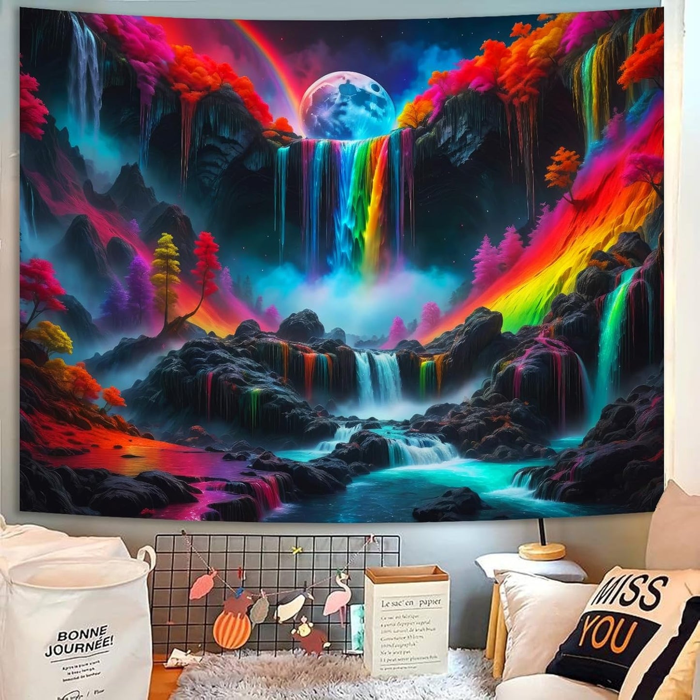 SparkLia Blacklight Waterfall Planet Tapestry, UV Reactive Glow in the Dark Fantasy Landscape Mountain Wave Neon Nature Wall Hanging Tapestries for Bedroom - 59 x 51 inches