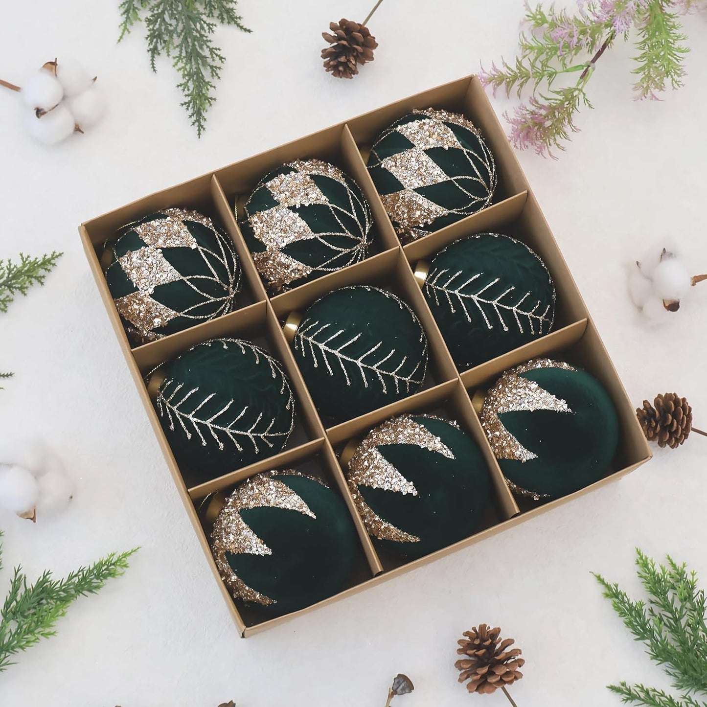 4inch Velvet Ornaments for Christmas Tree, 9PCS Glitter Flocked Christmas Ornaments Decorations Balls Set Decor Green