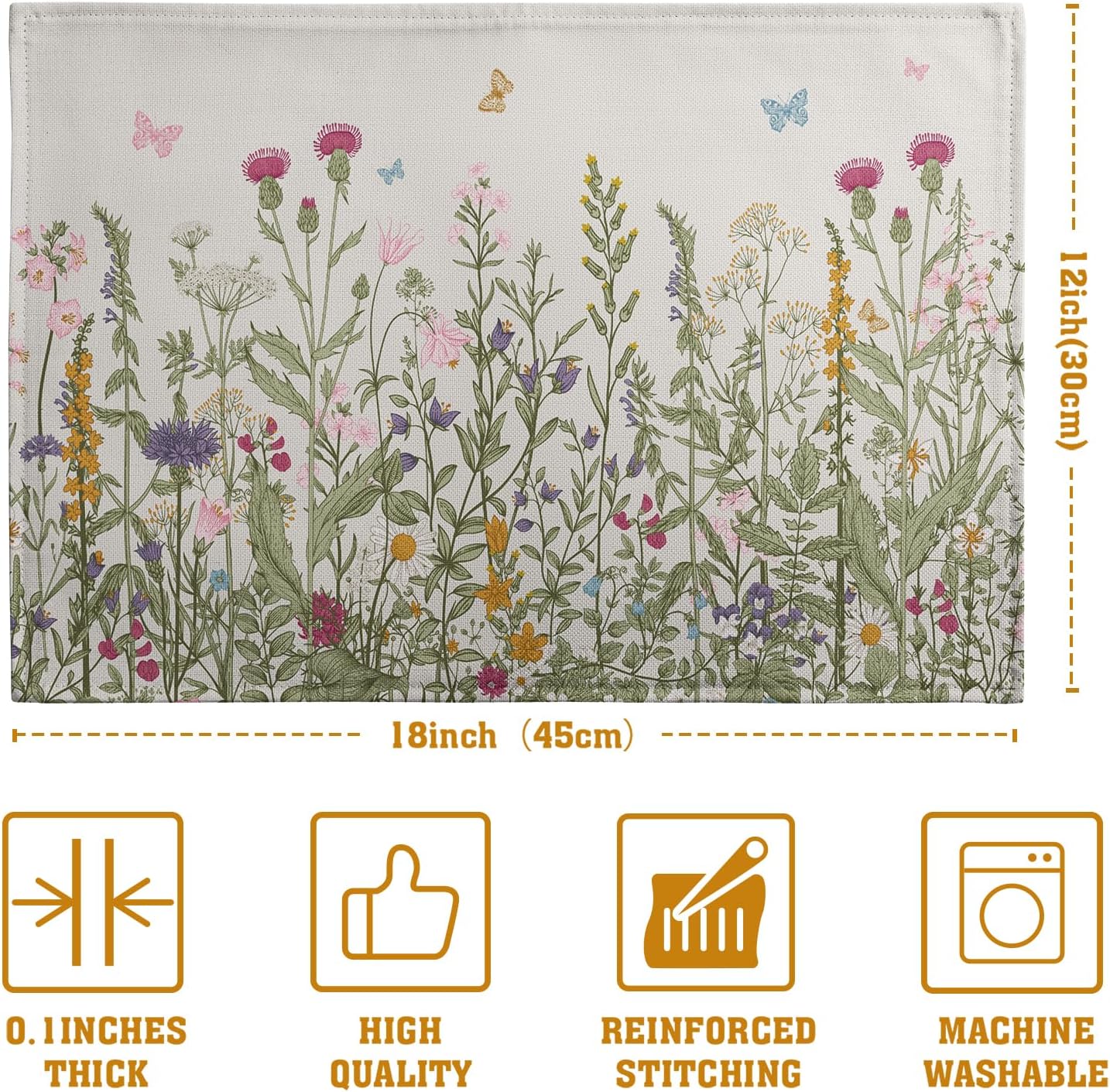Rustic Wildflower Floral Placemats Set of 4 Spring Summer Vintage Flowers Plants Herbs Linen Table Mats 12x18 Inch Seasonal Flower Decorative Place mats for Farmhouse Kitchen Dining Decoration