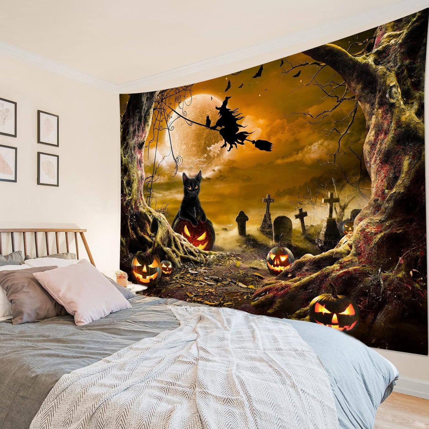 LB Halloween Wall Tapestry with Horror Witch, Cat, Dead Tree, Pumpkin Lights, Spooky Graveyard, Orange Full Moon over Misty Forest - 92.5x70.9 Inches for Bedroom, Living Room, Dorm