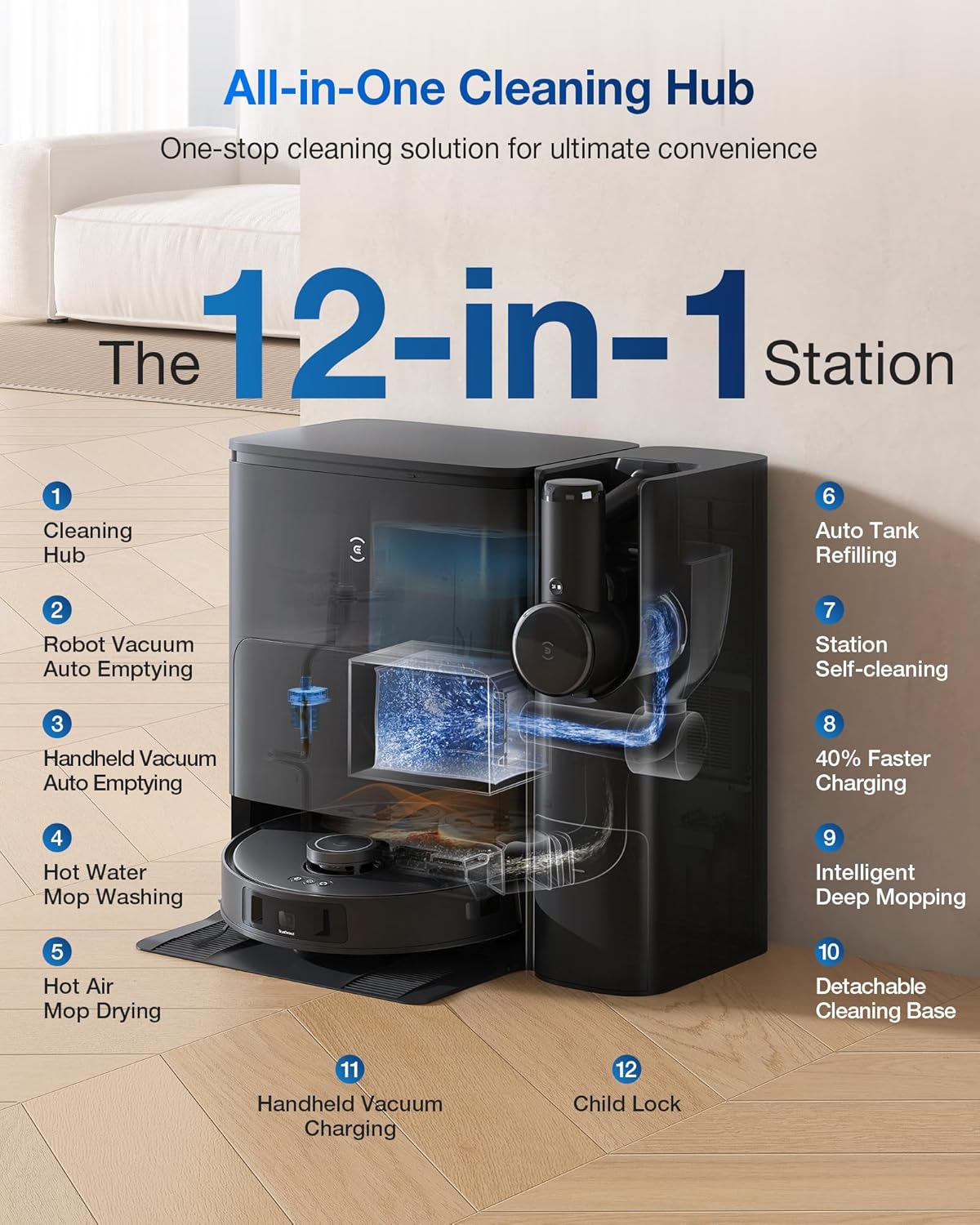 ECOVACS DEEBOT T30S Combo Robot Vacuum and Mop, All in One Cleaning Hub, 11000Pa, ZeroTangle Technology, TruEdge Adaptive Edge, Dual Self-Emptying, Hot Water Washing