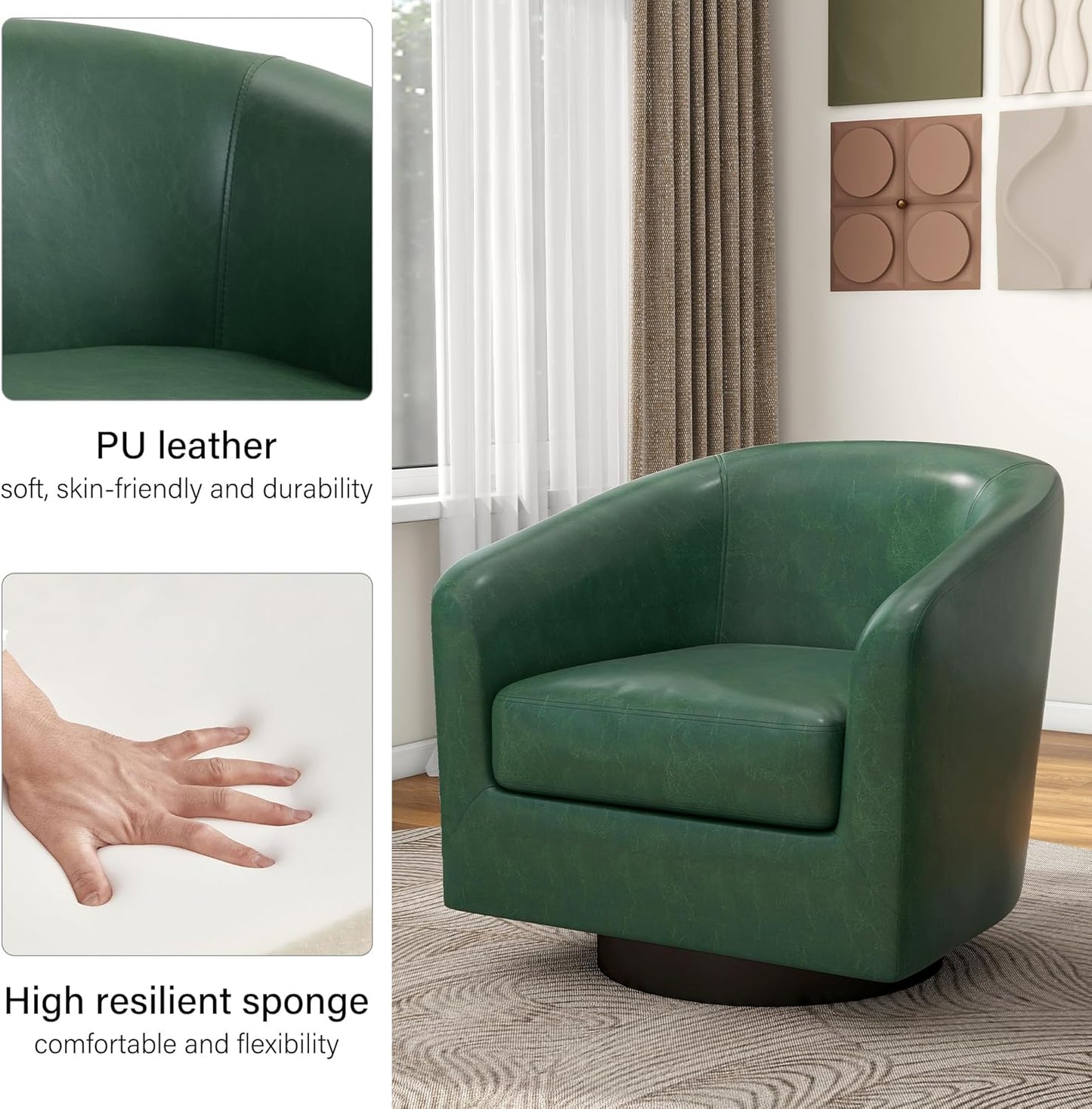 Swivel Barrel Accent Chair, Modern Round Faux Leather Arm Chair for Living Room, Bedroom, Comfy Club Reading Chairs for Adults(Faux Leather, Green, Set of 4)