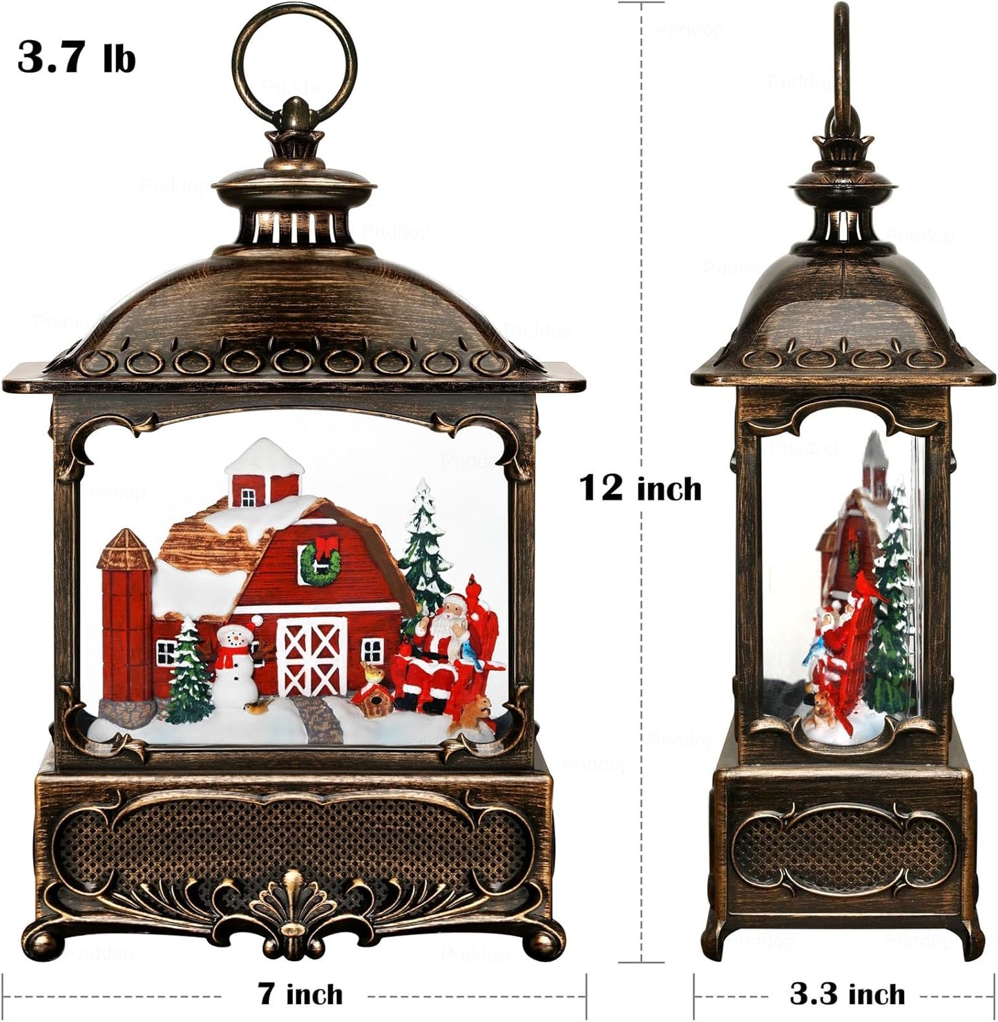 Christmas Snow Globe Lantern Christmas Decorations Gifts Barn Snowman Santa Claus Cardinal Winter Farm Scene Musical Glitter Snowfall USB/Battery Timer 12 inch