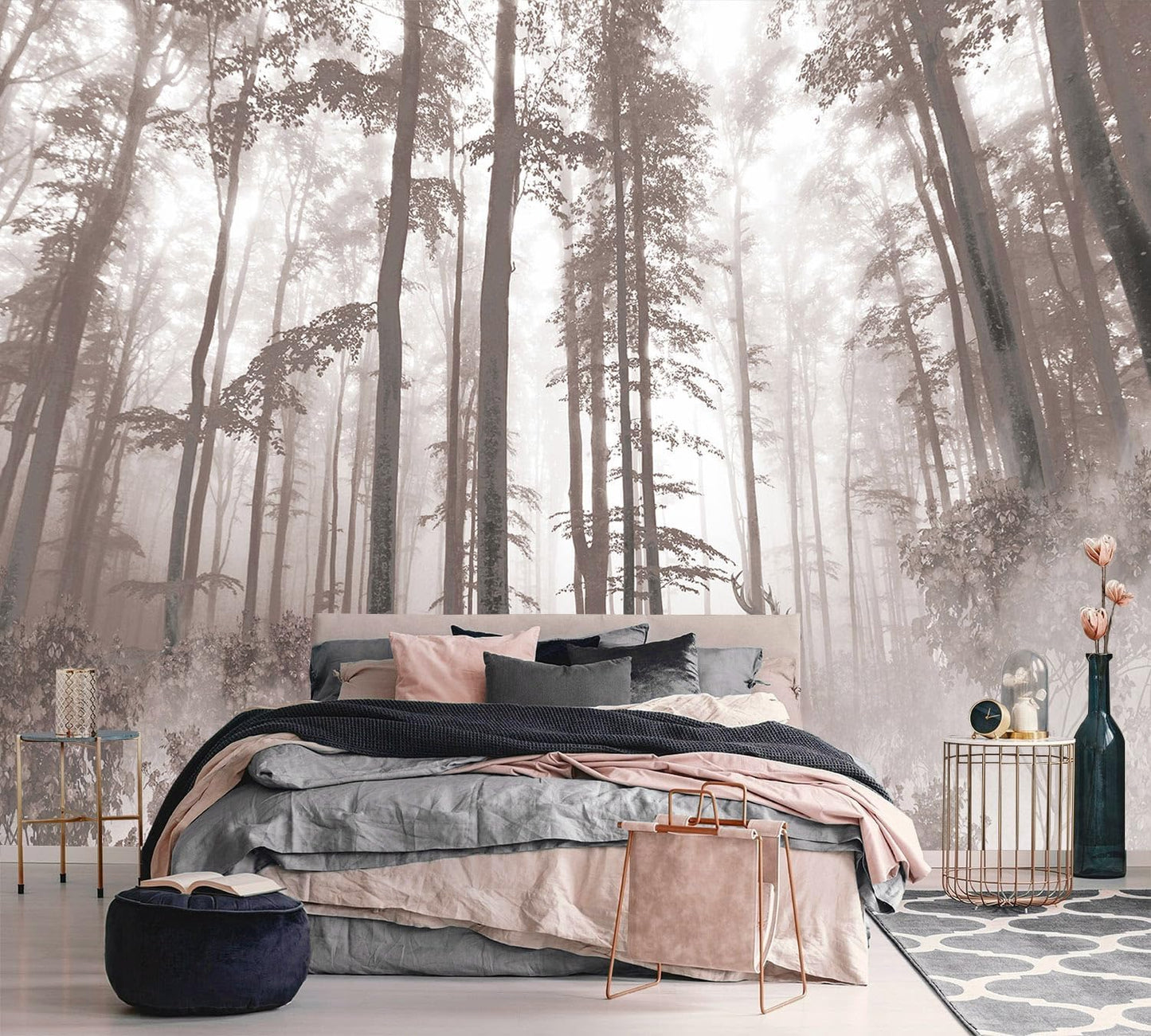 AFZEVEB-Forest Wallpaper Vintage Trees with Deer Wall murals for Bedroom 114"x74" (Not Peel and Stick)