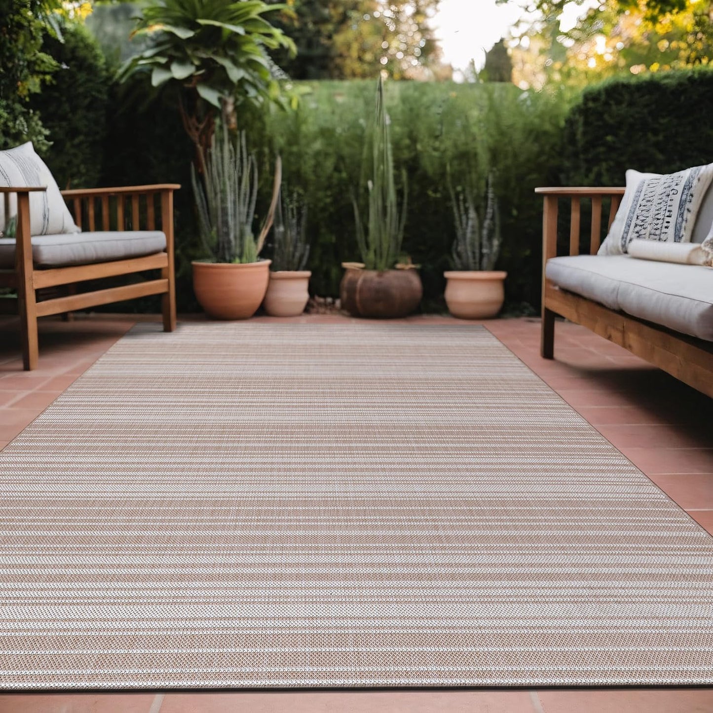 Stripe Outdoor Rug 5x7 Washable Outside Carpet for Indoor Patio Porch Waterproof Easy Cleaning Non Shedding Area Rugs Beige 5 x 7