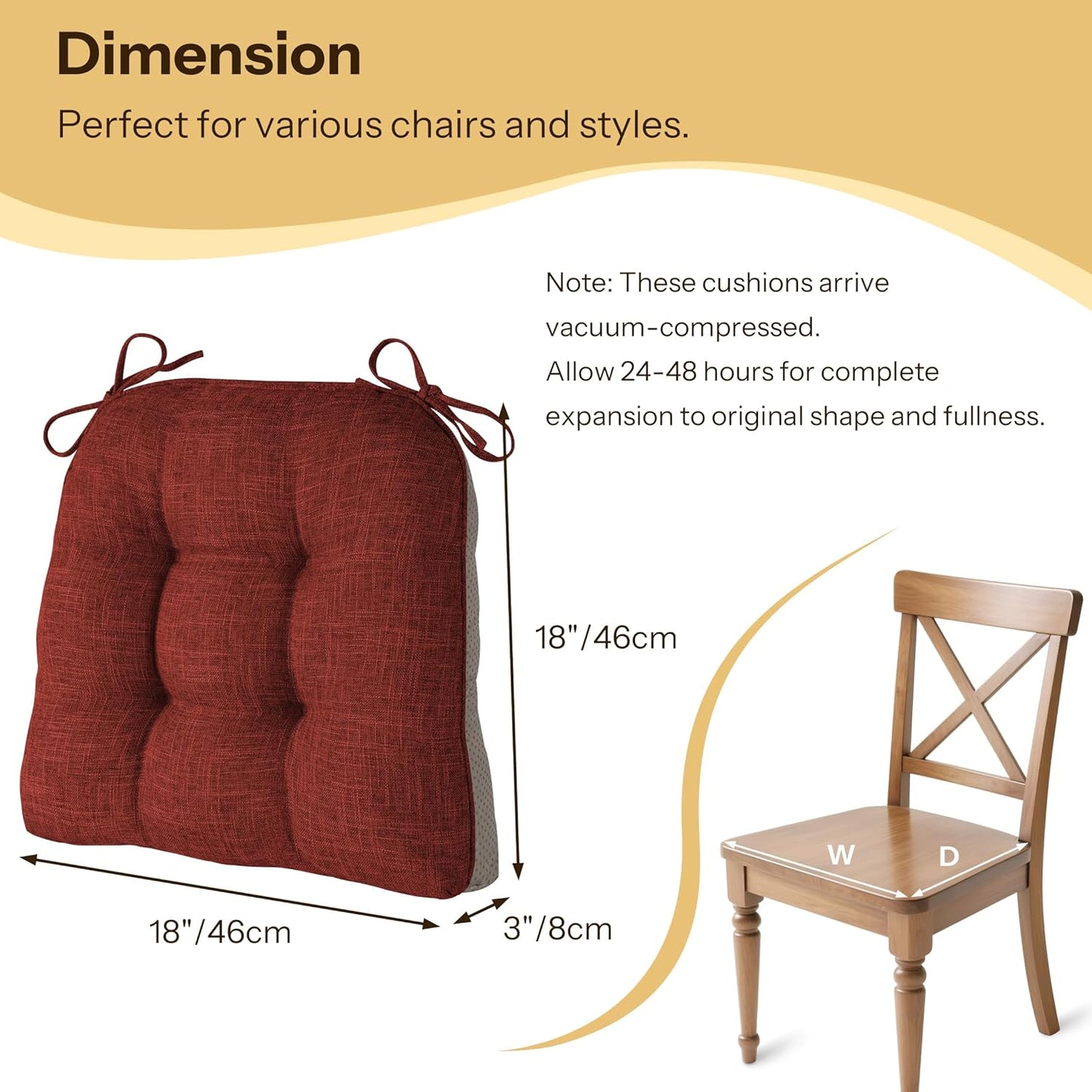 Non Slip Chair Cushions for Dining Chairs Set of 4 Kitchen Chair Cushions 18"x18"x3" Turfted Chair Pads Comfortable and Soft Seat Cushion with Ties, Rust