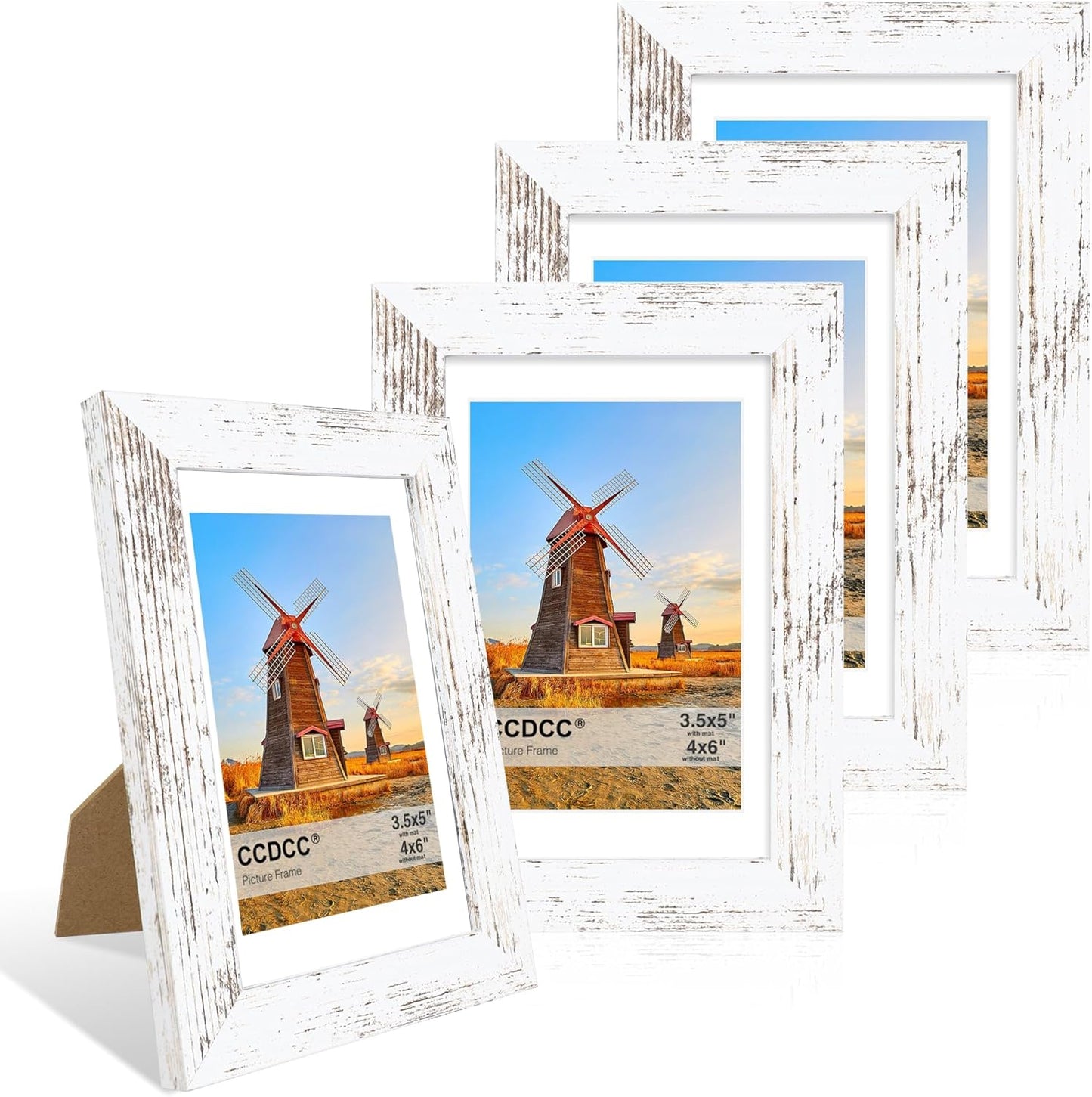 4x6 Picture Frame Set of 4, 4 x 6 Wood Photo Frames with Mat for 3.5x5, Rustic Natural Wooden Frame with Real Glass Cover for Wall and Tabletop Display,Distressed White
