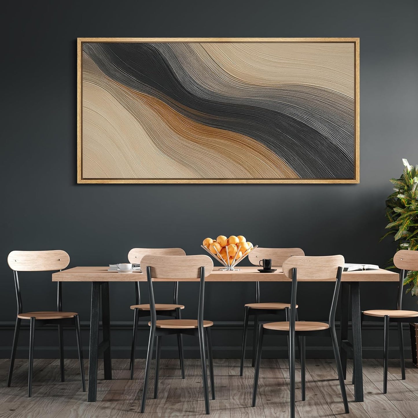 MUDECOR Extra Larg Framed Canvas Print Wall Art Abstract Wave Pattern Neutral Black and Brown Modern Geometric Illustrations Decorative Colorful for Bedroom - 60"x30"