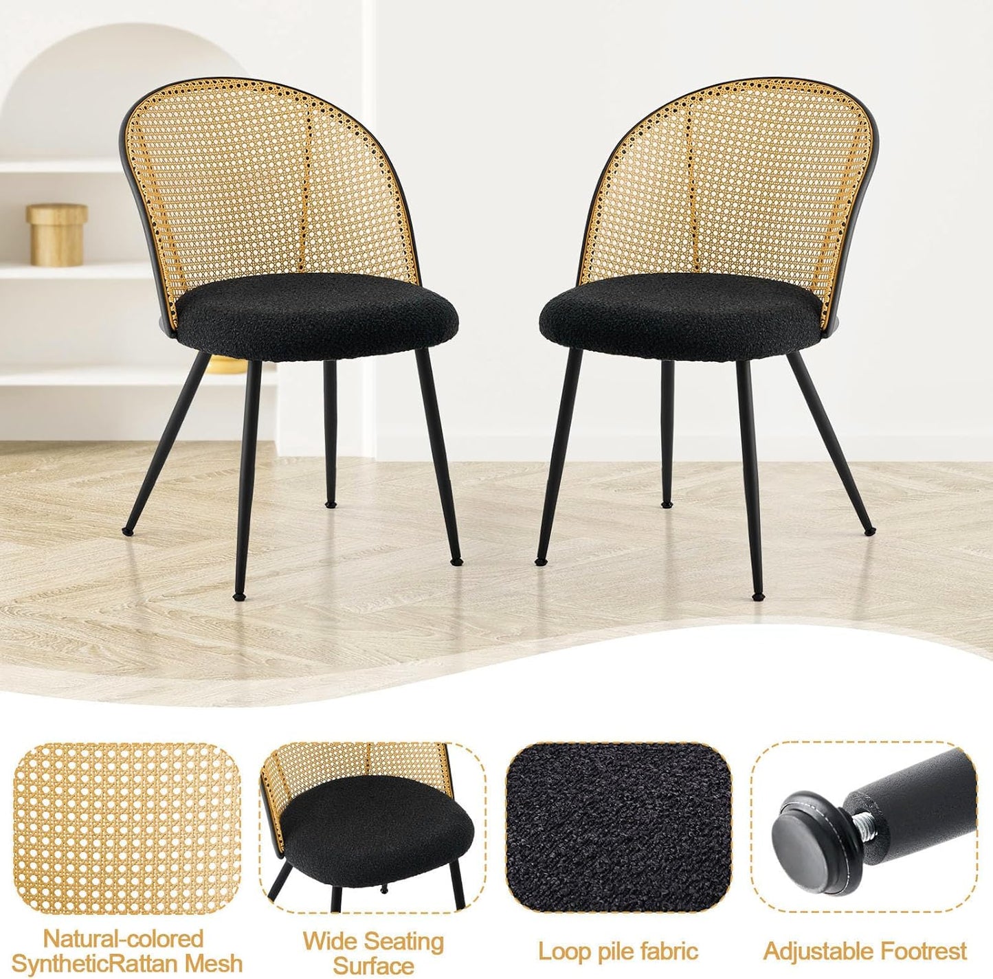 Rattan Dining Chairs Set of 2, Mid-Century Modern Kitchen Dining Room Chairs with Full Cane Backrest Armless Upholstered Farmhouse Boucle Dining Chairs with Metal Leqs for Dining Room, Black