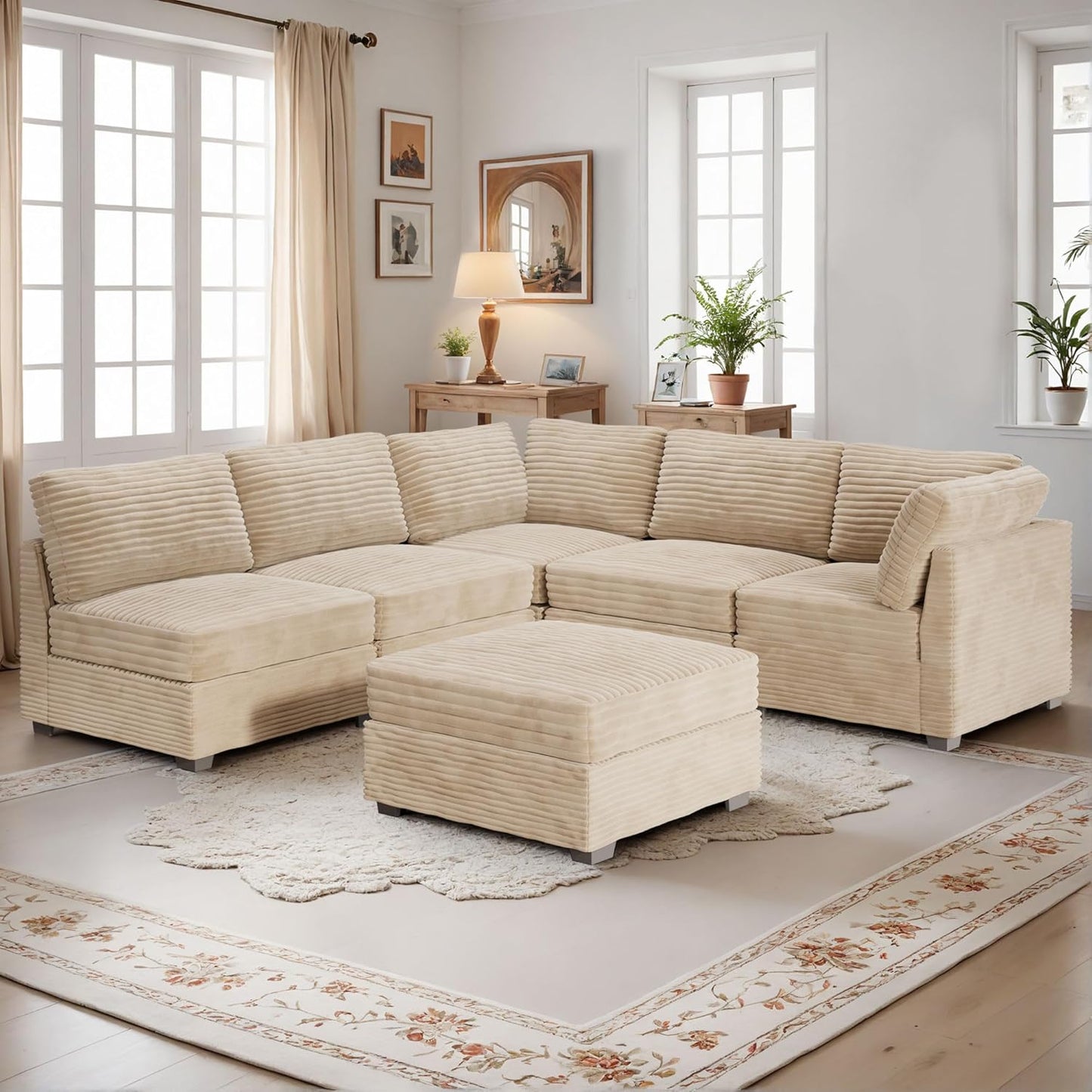 HOOOWOOO Modular Sectional Sofa,6 Pieces Sectional Couches for Living Room,98X98 L Shaped Cloud Couch with Ottoman Chaise Set(Beige Velvet Corduroy)