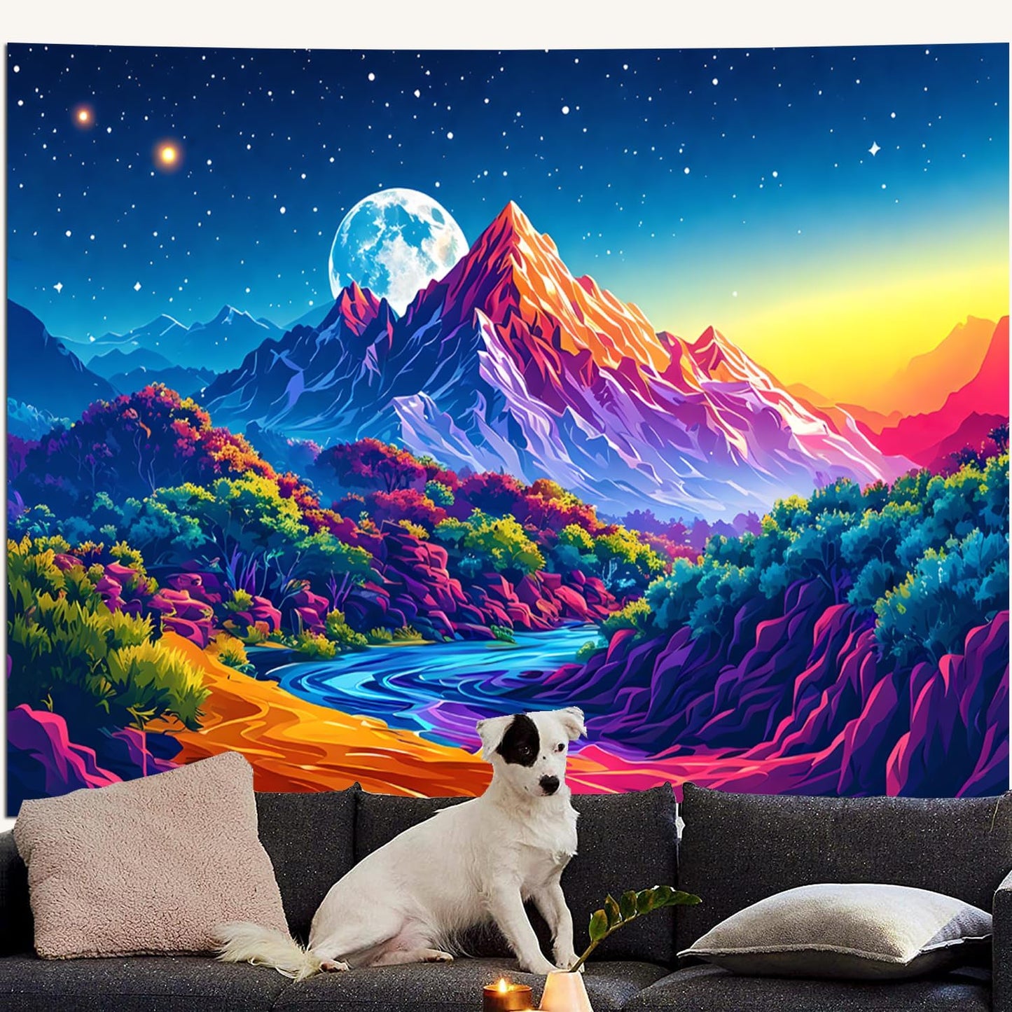 SparkLia Blacklight Sunset Mountain Tapestry – UV Reactive Forest Lake Wall Hanging, Neon Glow in the Dark Starry Sky Moon Nature Landscape for Bedroom, Living Room & Dorm Decor – 51.2" x 59.1"