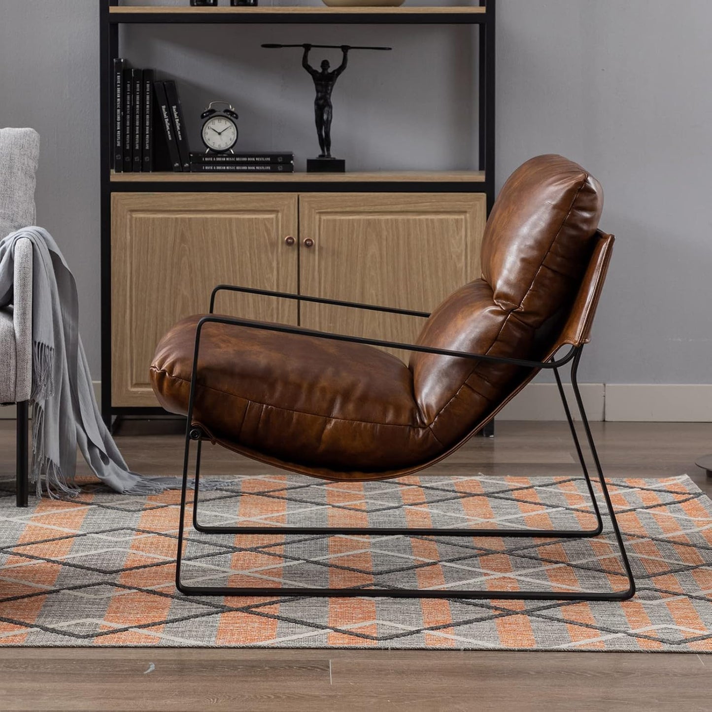 DUOMAY Mid-Century Accent Chair Armchair, Comfy PU Leather Leisure Chair Lazy Chair with Metal Leg for Living Room Bedroom Office Apartment, Brown