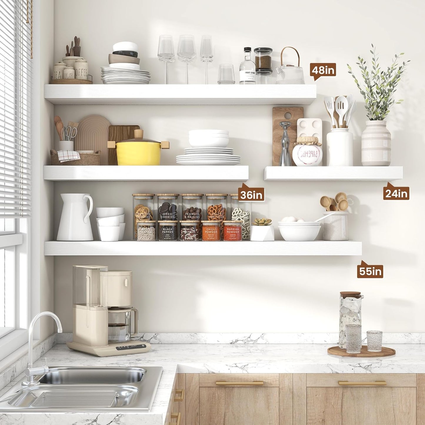 Heimlove 36 Inch White Floating Shelves for Wall,10 Inch Deep Wood Shelves with Invisible Brackets,Wall Mounted Storage & Display Shelves for Bedroom,Living Room,Kitchen,Office