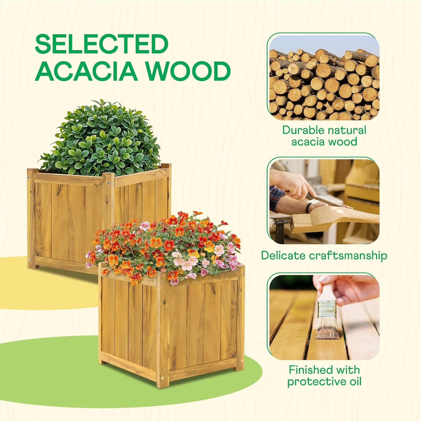 IDZO Set of 2 Acacia Wood Flower Planters for Outdoor Plants, Ergonomic Handles, Drainage Holes, Various Sizes, Ideal for Home Décor, Golden Teak