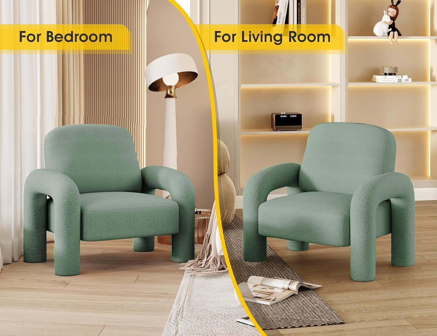 Modern Sherpa Accent Chair, Teddy Upholstered Arm Single Sofa, Cozy Fluffy Reading Chair for Living Room, Bedrooms, Corner (Mint Green)