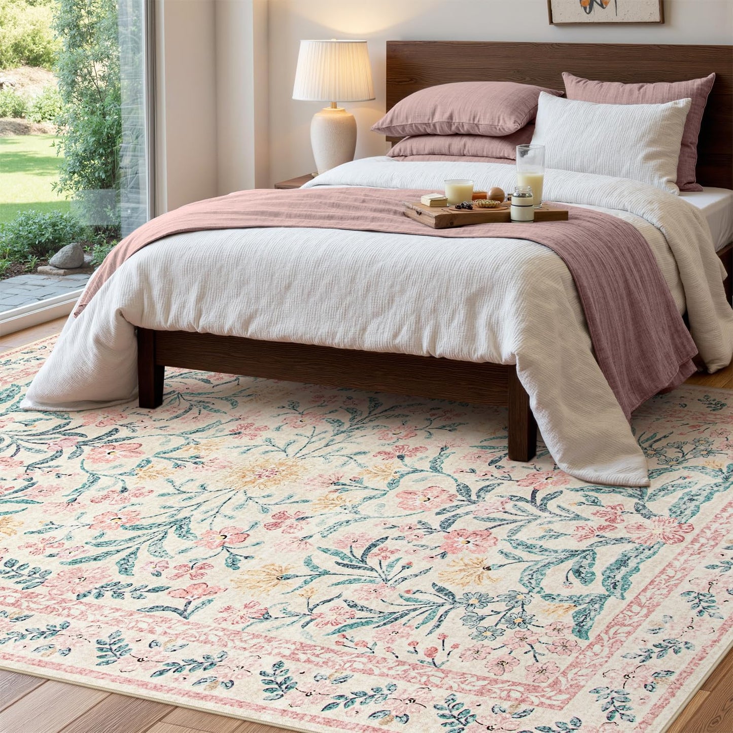 Wonnitar Washable Area Rug 6x9, Pink Floral Rugs for Bedroom Girls Soft Living Room Carpet Ultra-Thin, Boho Non Slip Non-Shedding Pastel Nursery Carpet for Kids Room Playroom Dorm