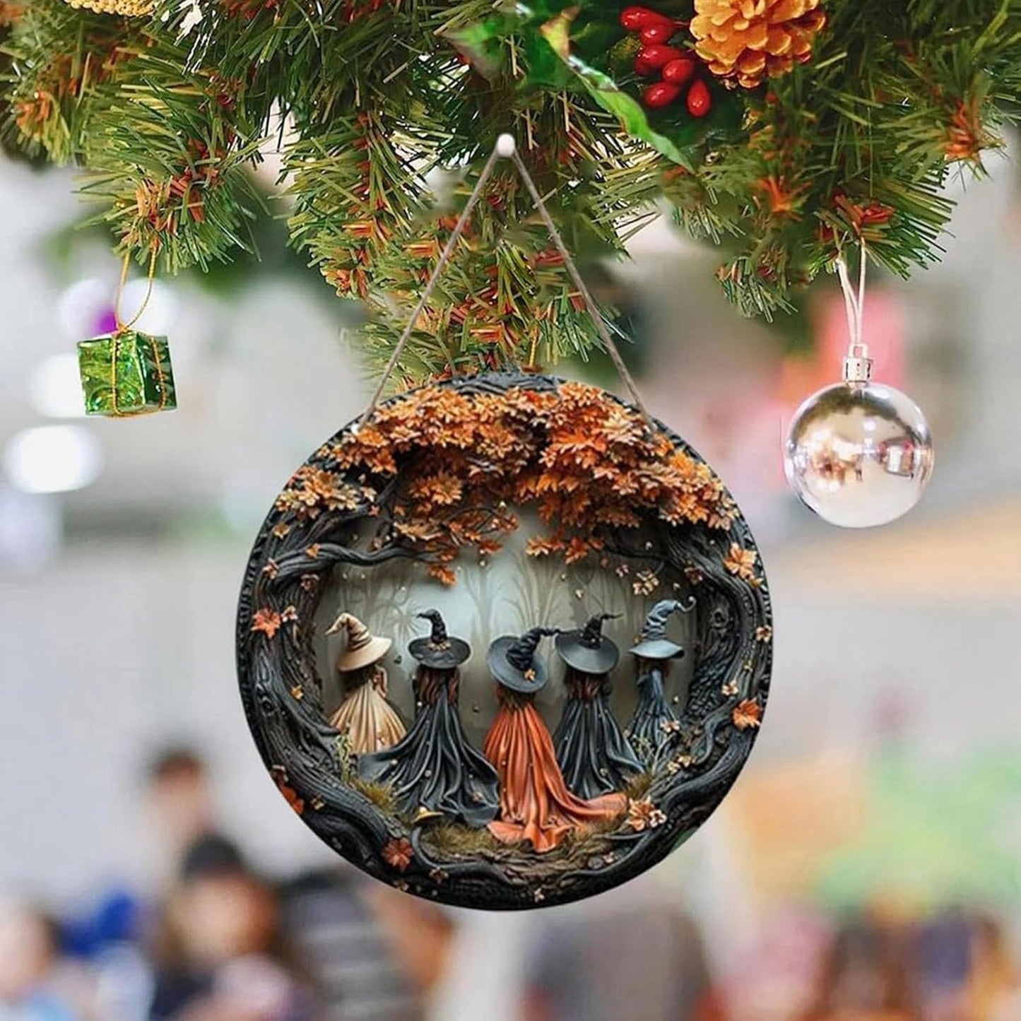 Fanyil/Olygee/Sherum/Shirem/Pubyfun/Glosrity/Libilin/Graddi/Solymody/Gowebs/Goredny/Vianys Witching Hour, Door Way Hanging Decor Halloween, 2D Wooden Round Witches Sign (A, 11.8")
