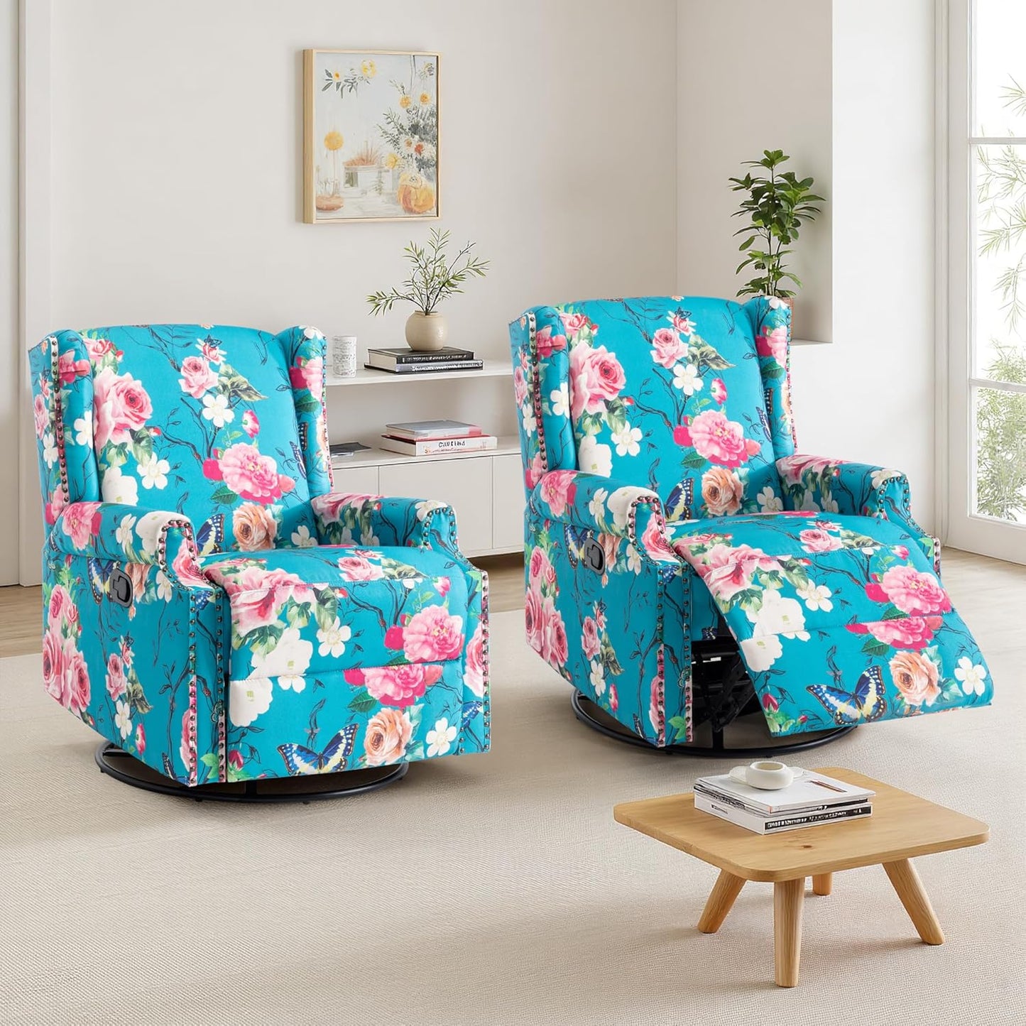 UIXE Swivel Rocker Manual Recliner Chairs Set of 2, Wingback Swivel Glider Fabric Nursery Reclining Sofa Chair, High Back Upholstered Arm Chair for Living Room Bedroom - Peacock Blue
