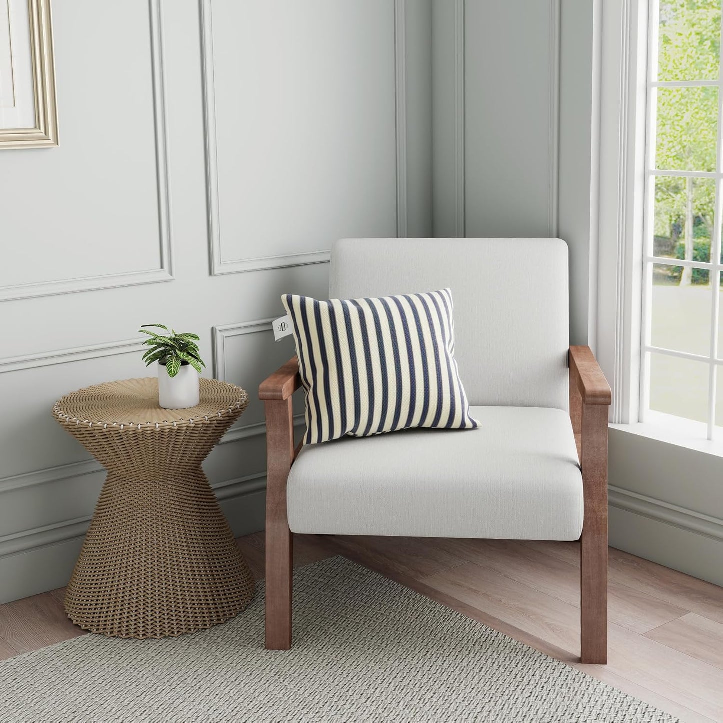 HNY Mid Century Armchair with Wood Frames, Linen Upholstered Living Room Arm Chair, for Living Room, Bedroom, Ivory