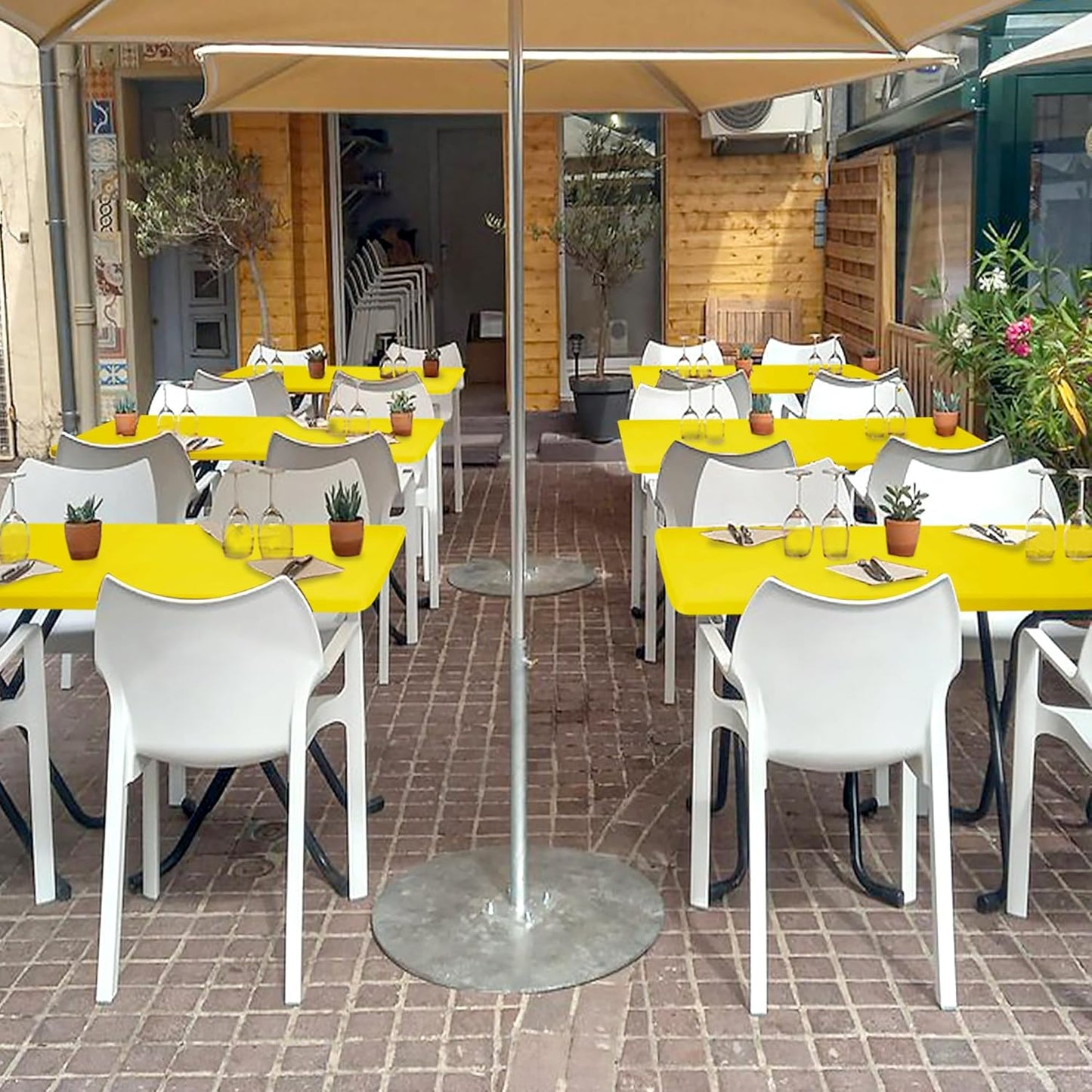 Fitted Tablecloth for 8 Foot Rectangle Tables-4 Pack Yellow Elastic Outdoor Picnic Table Cover-Spandex Stretch Folding Table Cloths 8ft for Camping Dining Room Patio Kitchen Banquet Party