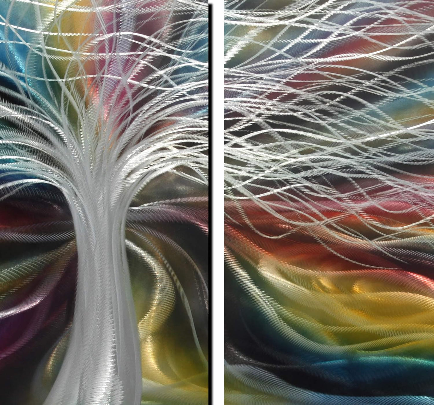 Unique Metal Wall Art with Colorful Fantastic Tree Design, Abstract Modern and Contemporary Décor, Metal Wall Sculpture, Silver Aluminum Artwork, Indoor and Outdoor decoration, 5 panels 64"x24"