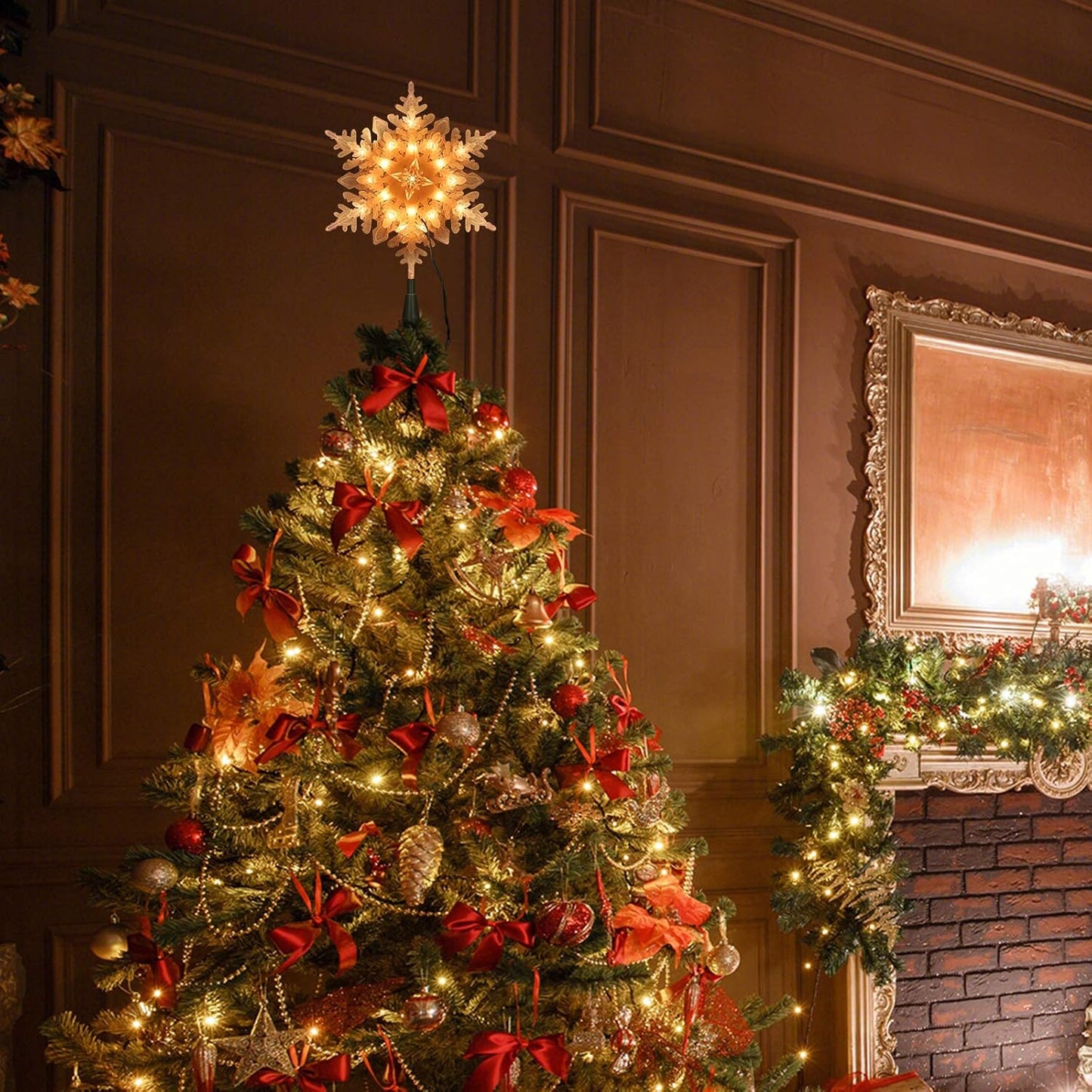 ODEETRONIC Snowflake Tree Topper Lights, 9in 20 Clear Christmas Star Treetop, 120V UL Certified Christmas Lighted Sonwflake Tree Topper, Warm Tree Topper for Xmas Tree Party Decoration